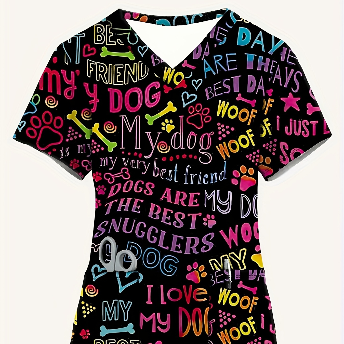 

Women' V-neck T-shirt With "i " Alphabet Print, Casual Short Sleeve Top With Pocket, Polyester 95% Spandex 5% Knit Fabric, Regular Length For Spring/summer