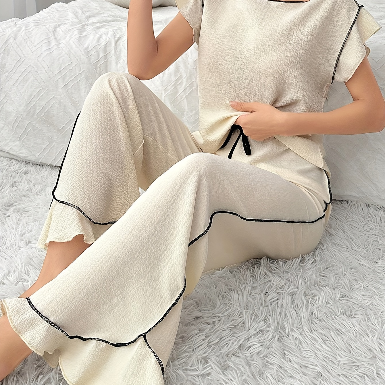 

Women's Elegant Solid Textured Seam Show Ruffle Hem Pajama Set, Cap Sleeve Round Neck Top & Pants, Comfortable Relaxed Fit