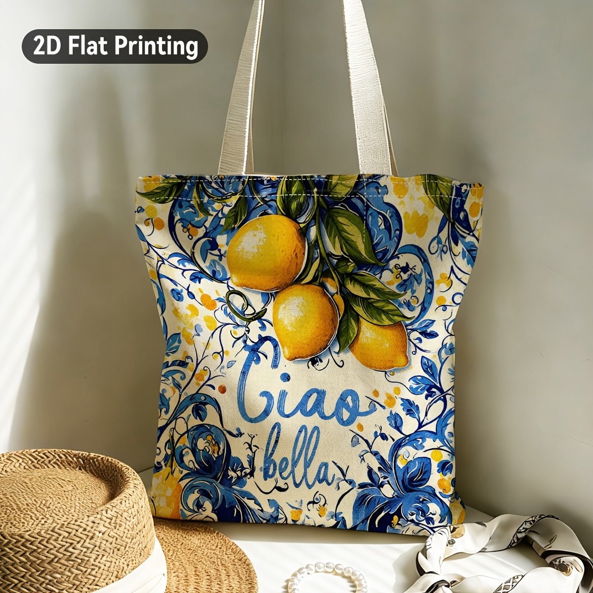 TEMU 1pc Women' Mediterranean Lemon Tote Bag - & , Vibrant Yellow Citrus & Blue Floral, Durable Suitable For Grocery Shopping, Picnic, Italian Cafes,