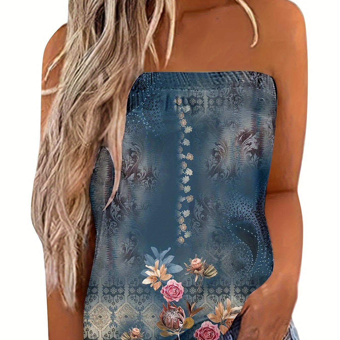 

Floral Print Elastic Trim Tube Top, Casual Strapless Top For Spring & Summer, Women's Clothing