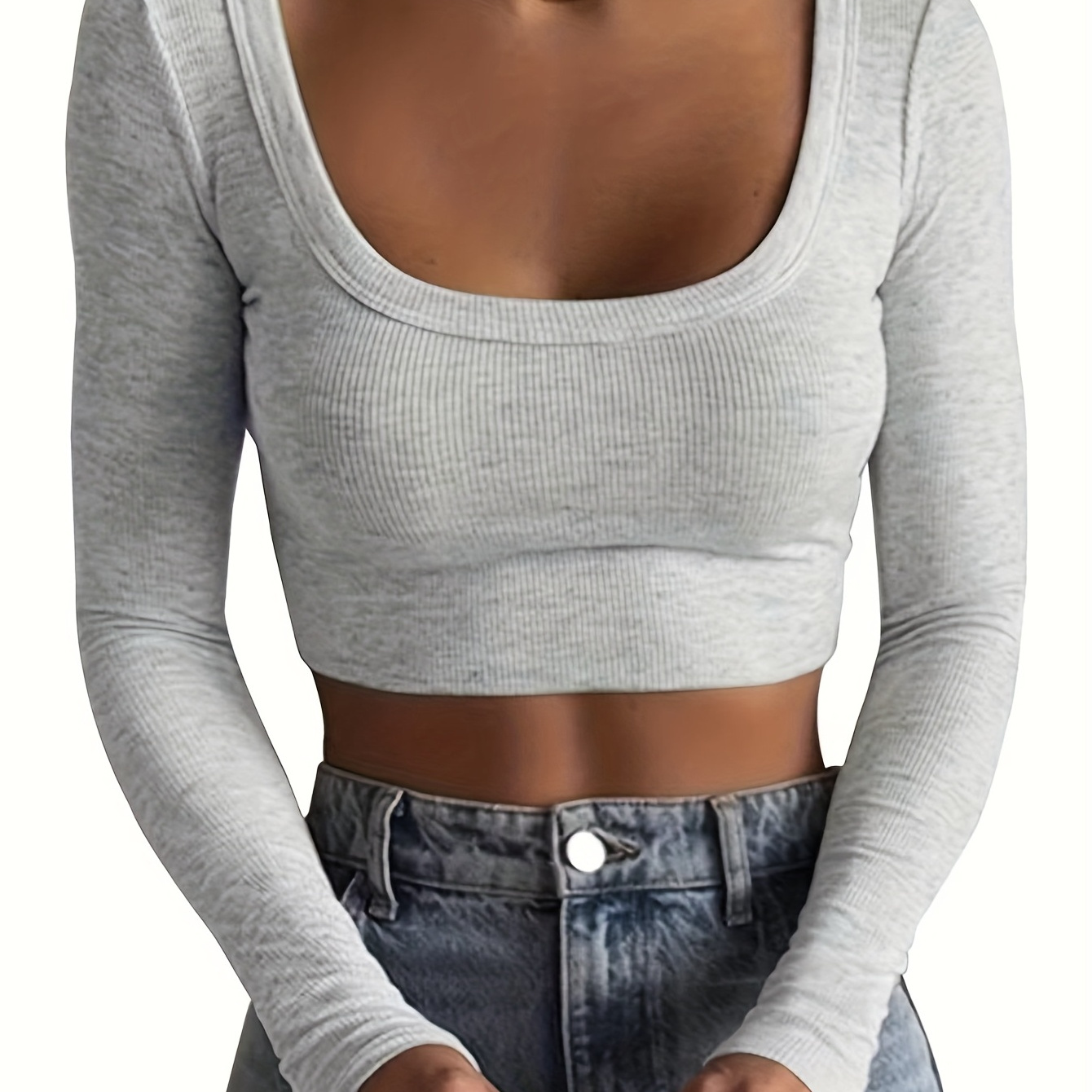 

Scoop Neck Cropped T-shirt, Sexy Solid Long Sleeve Slim T-shirt, Women's Clothing