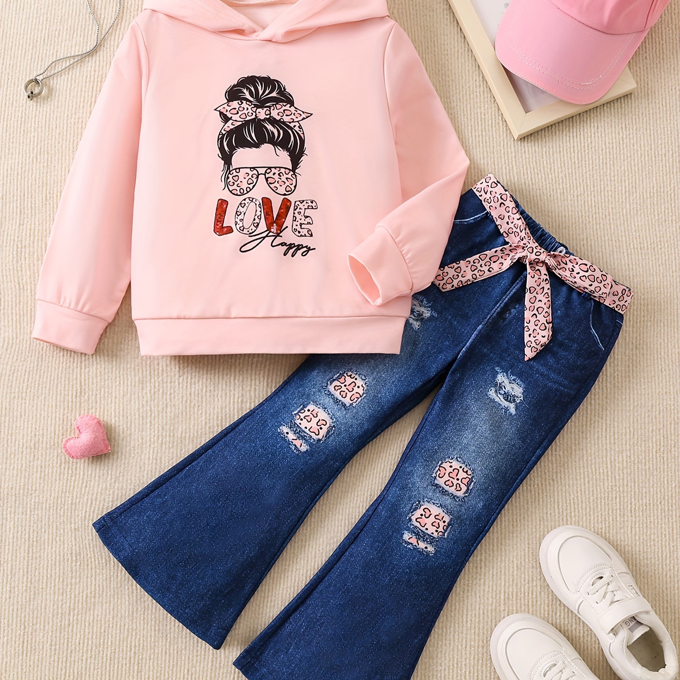 

2pcs Girls, Cartoon Girl Print Hoodies + Ripped Flare Faux Denim Print Pants Kids Clothes Gift