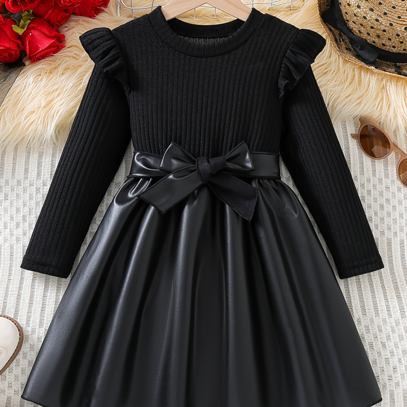 

Girls Warm & Elegant Long Sleeve Ruffle Trim Ribbed Pu Leather Belted Dress For Fall & Winter