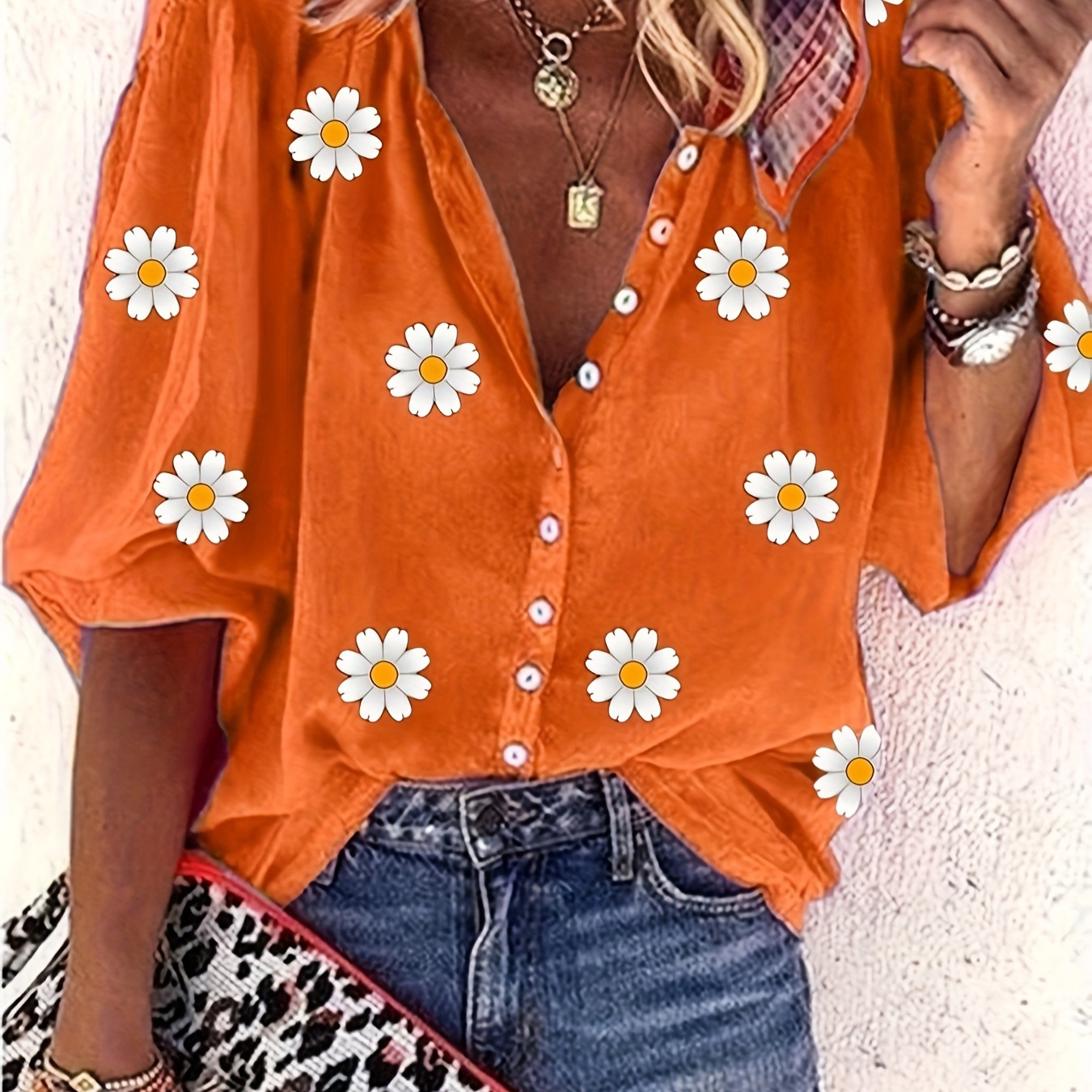 

Plus Size Floral Print Button Front Collared Blouse, Casual 3/4 Sleeve Blouse For Spring & Fall, Women's Plus Size Clothing