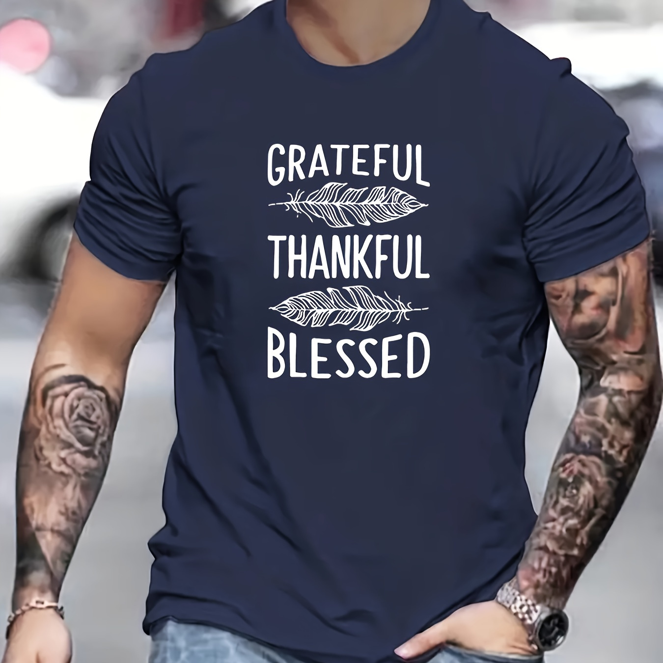 

Grateful Thankful Blessed Print T Shirt, Tees For Men, Casual Short Sleeve T-shirt For Summer