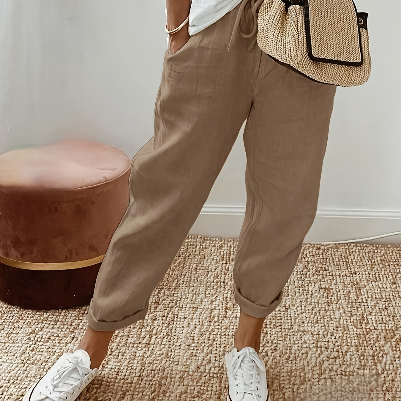 

1pc Women's Casual Solid Color Polyester Straight Leg Pants With Pockets, Woven Drawstring Trousers For Spring/summer/fall - Adult