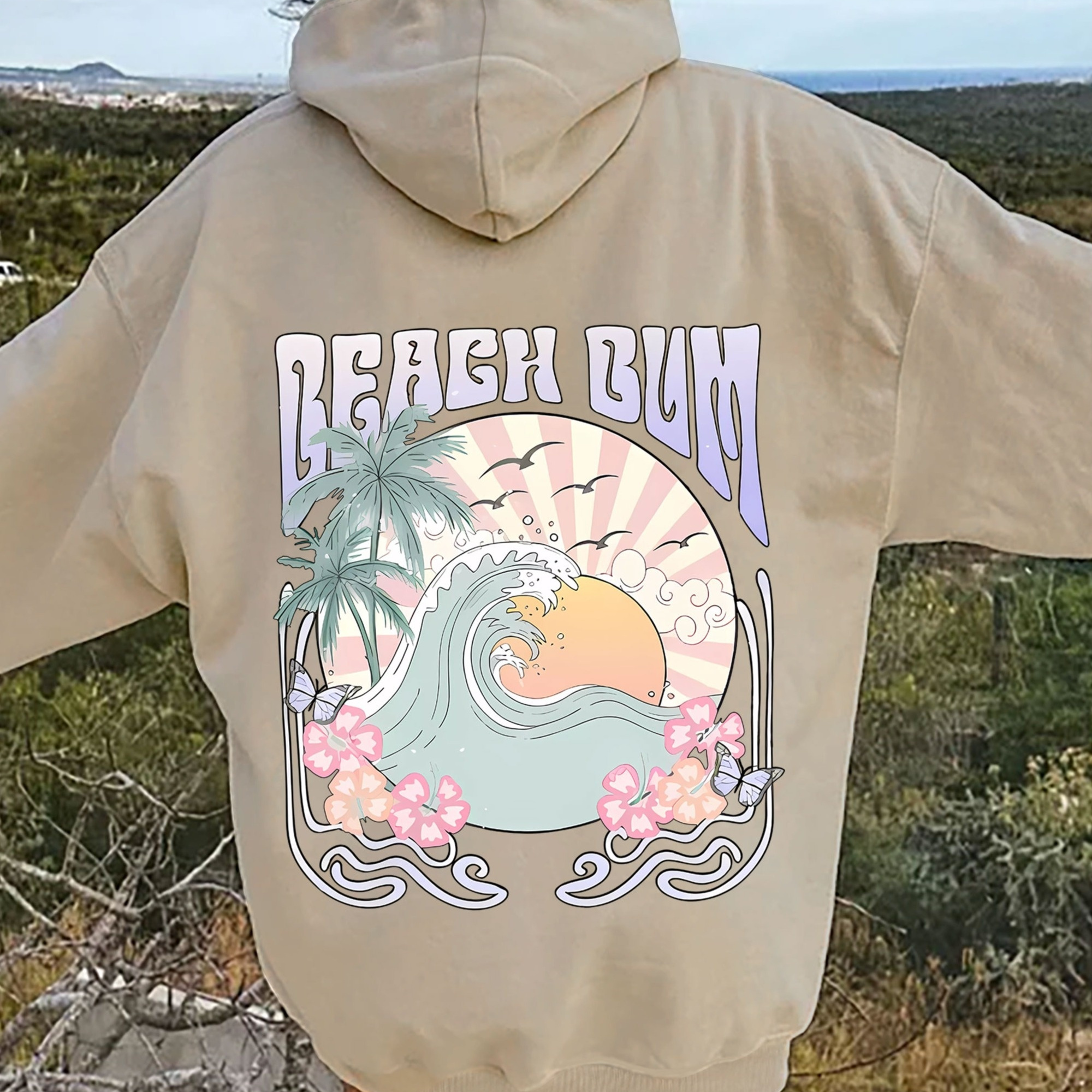 

Beach Bum Print Kangaroo Pocket Hoodie, Casual Drawstring Hooded Sweatshirt For Spring & Fall, Women's Clothing