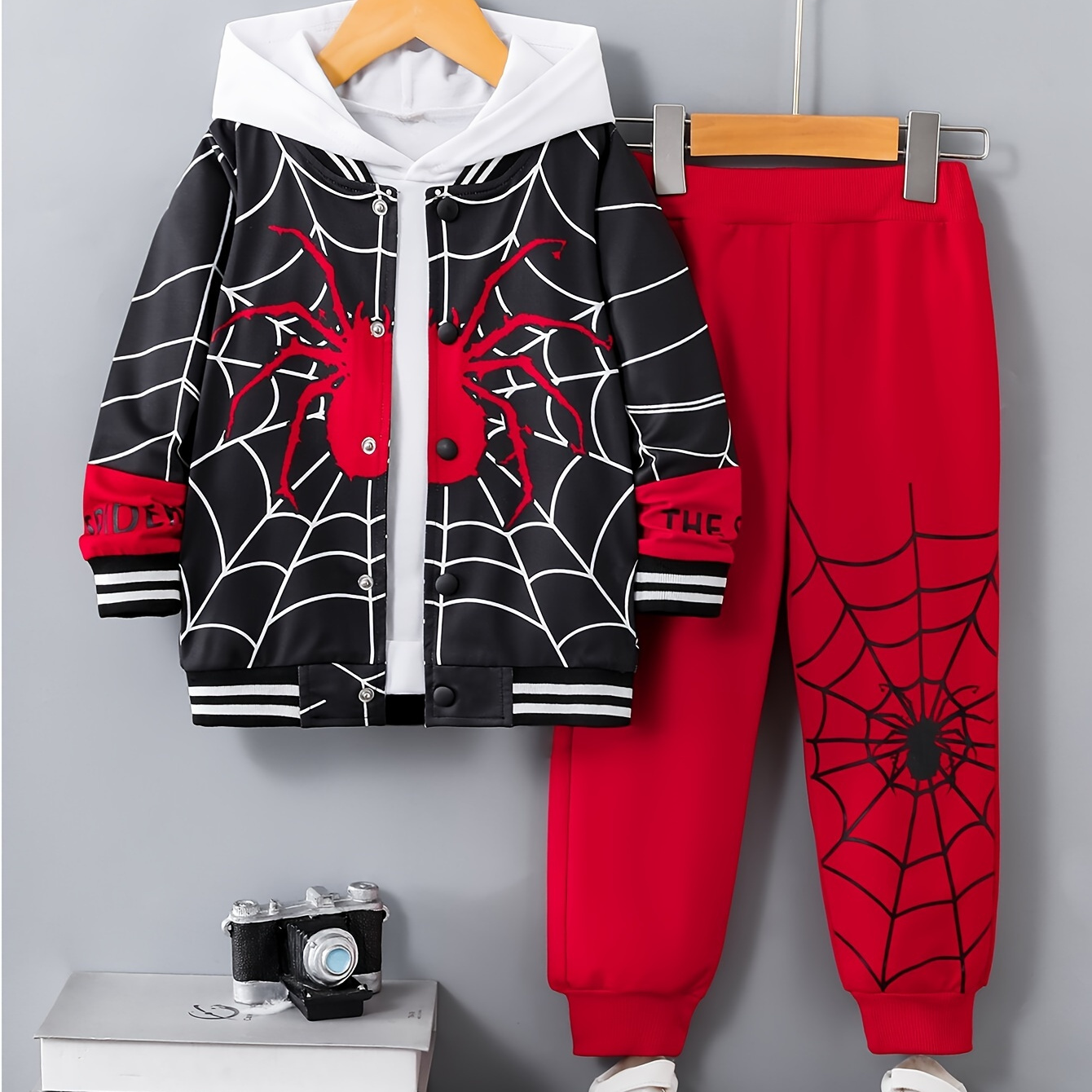 

2pcs Boys Spider Long Sleeve Shoulder Hooded & Pants Outfit, Boy's Clothing