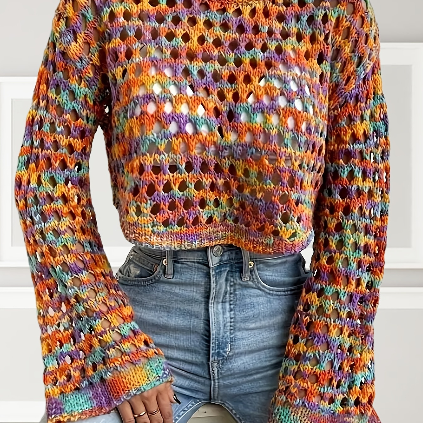 

Pull En Tricot À Motif Dégradé, Élégant Haut De Couverture À Manches Longues Et Col Rond, Vêtements Pour Femmes