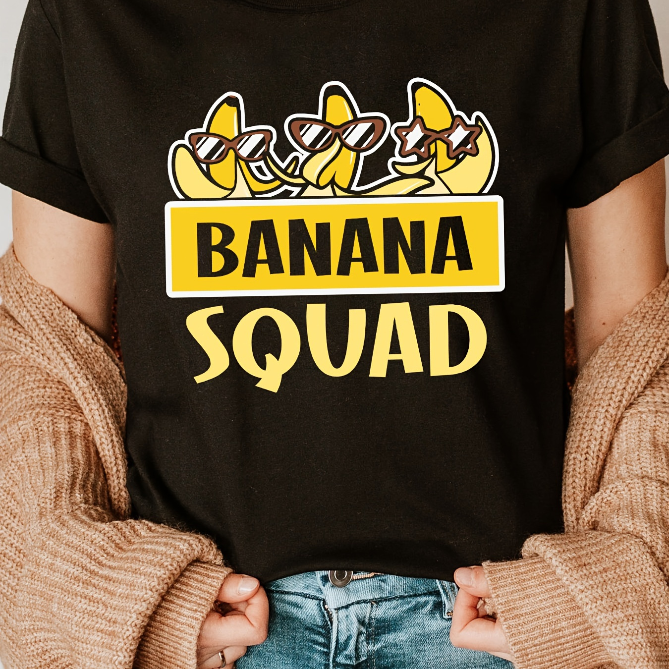 

Banana Squad Print Crew Neck T-shirt, Short Sleeve Casual Top For Summer & Spring, Women's Clothing
