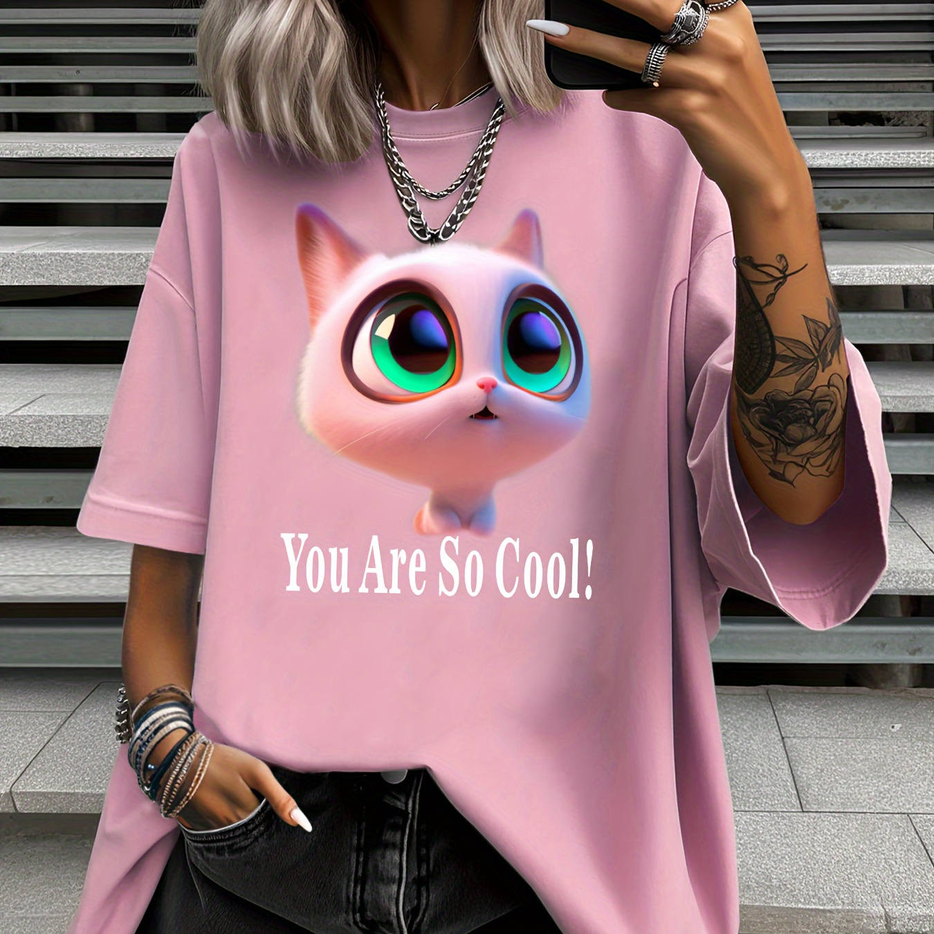 

Plus Size Cartoon Cat Print T-shirt, Casual Short Sleeve Top For Spring & Summer, Women's Plus Size Clothing