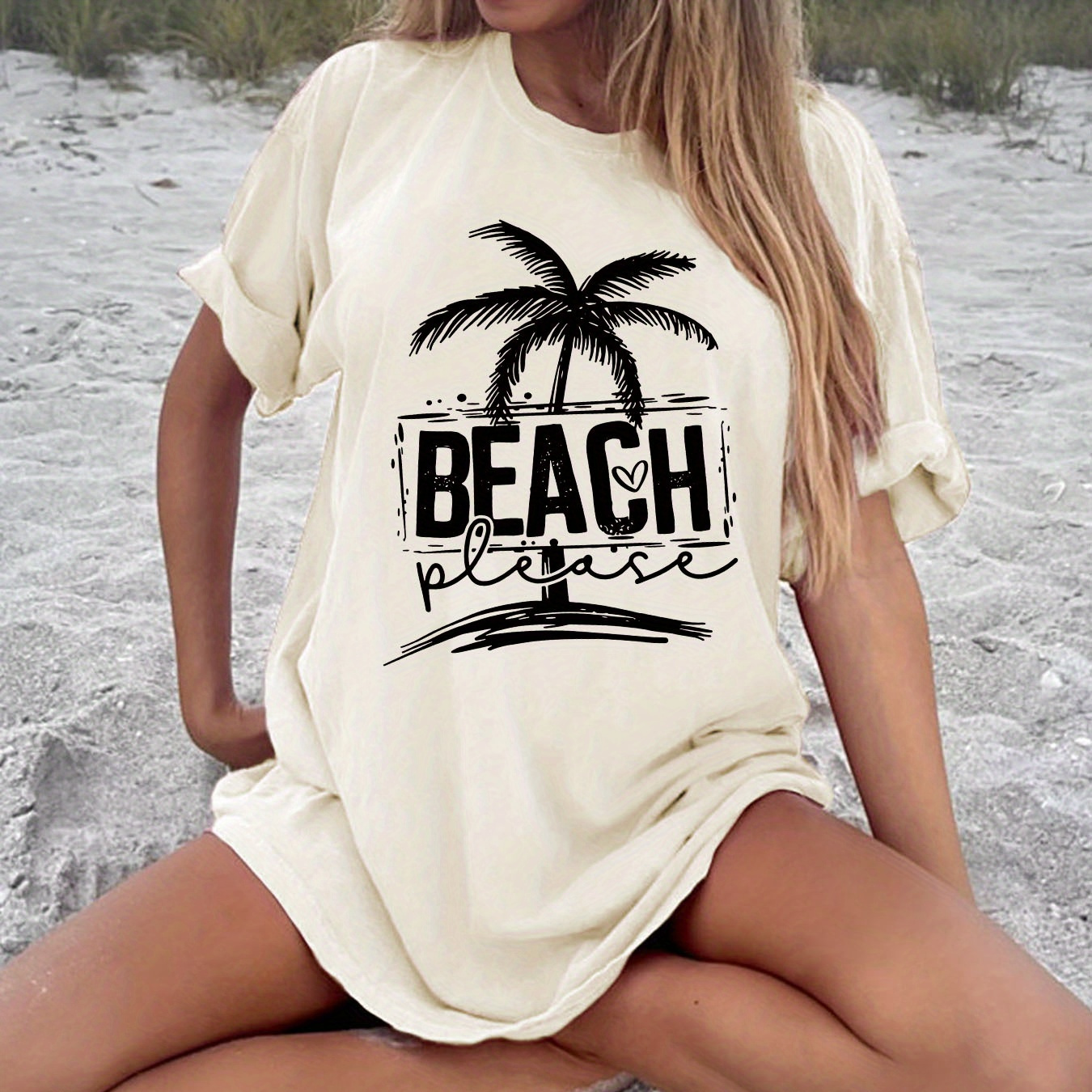 

Beach Print Crew Neck Tee Dress, Casual Short Sleeve Dress For Spring & Summer, Women's Clothing