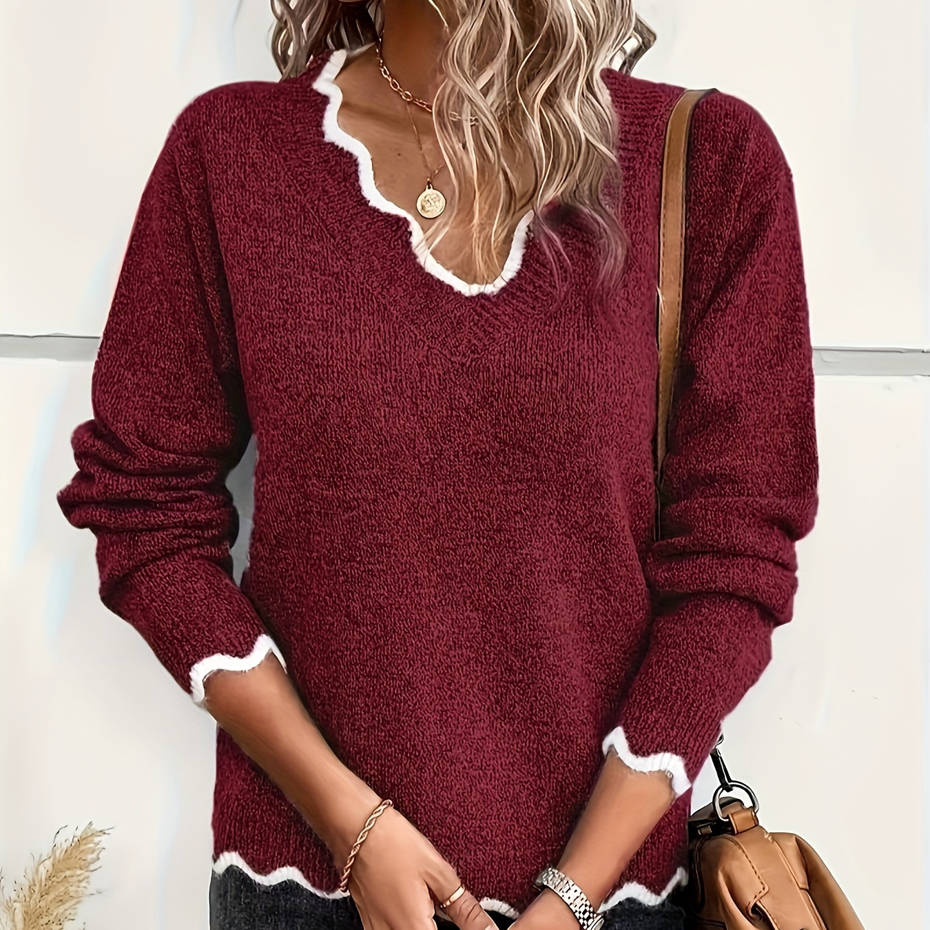 

Elegant -neck Sweater For Women - Casual Long Sleeve Knit With Scalloped Hem, 100% Polyester, All