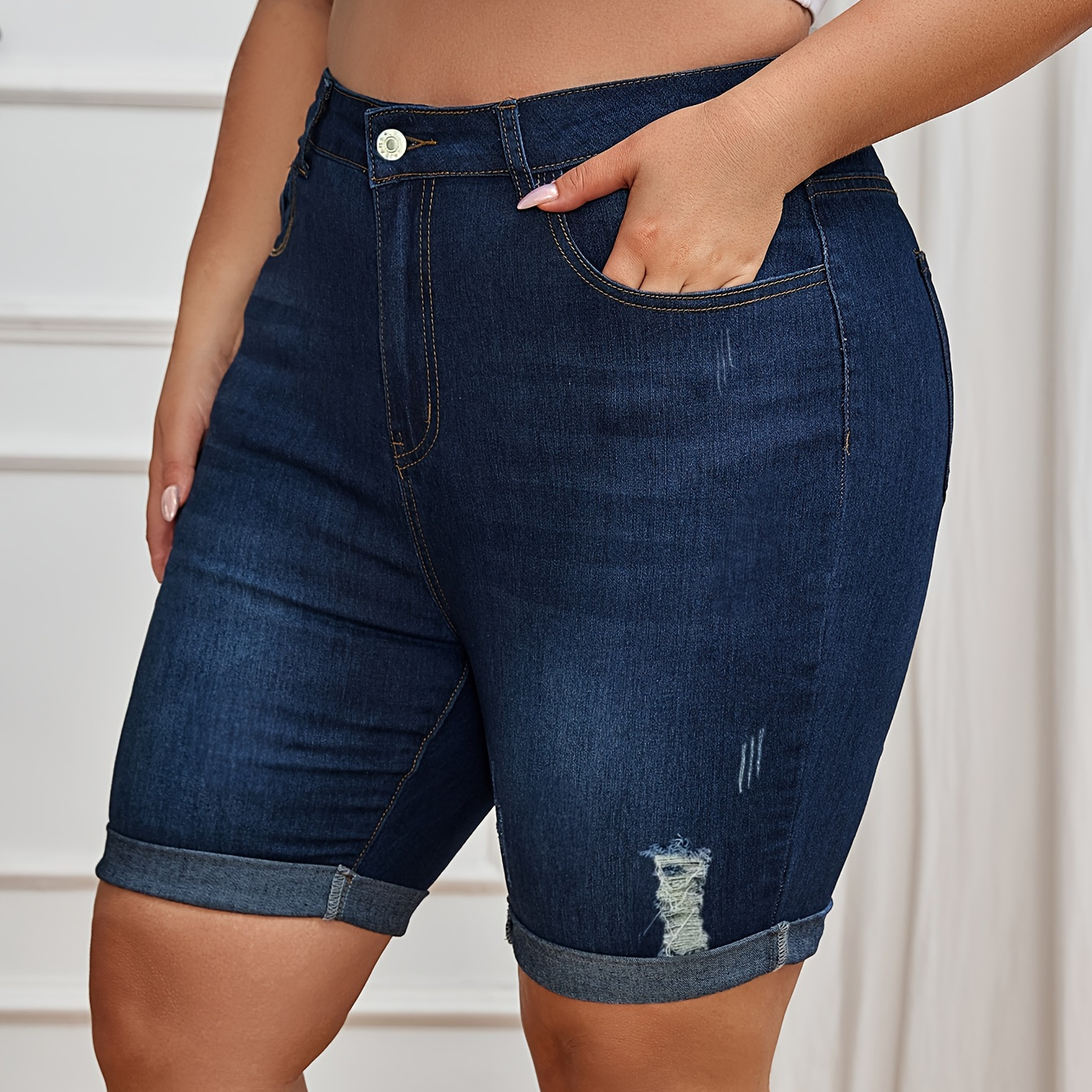 

Plus Size Ripped Roll Up Hem Plain Washed Blue Bermuda Denim Shorts, Women's Denim Jeans & Clothing