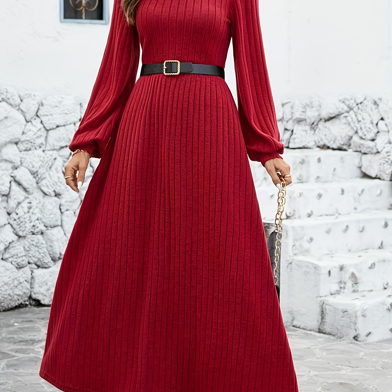 

Elegant Ribbed Midi Dress For Women With Lantern Sleeves - Crew Neck, Polyester , Machine Washable, Fall/winter