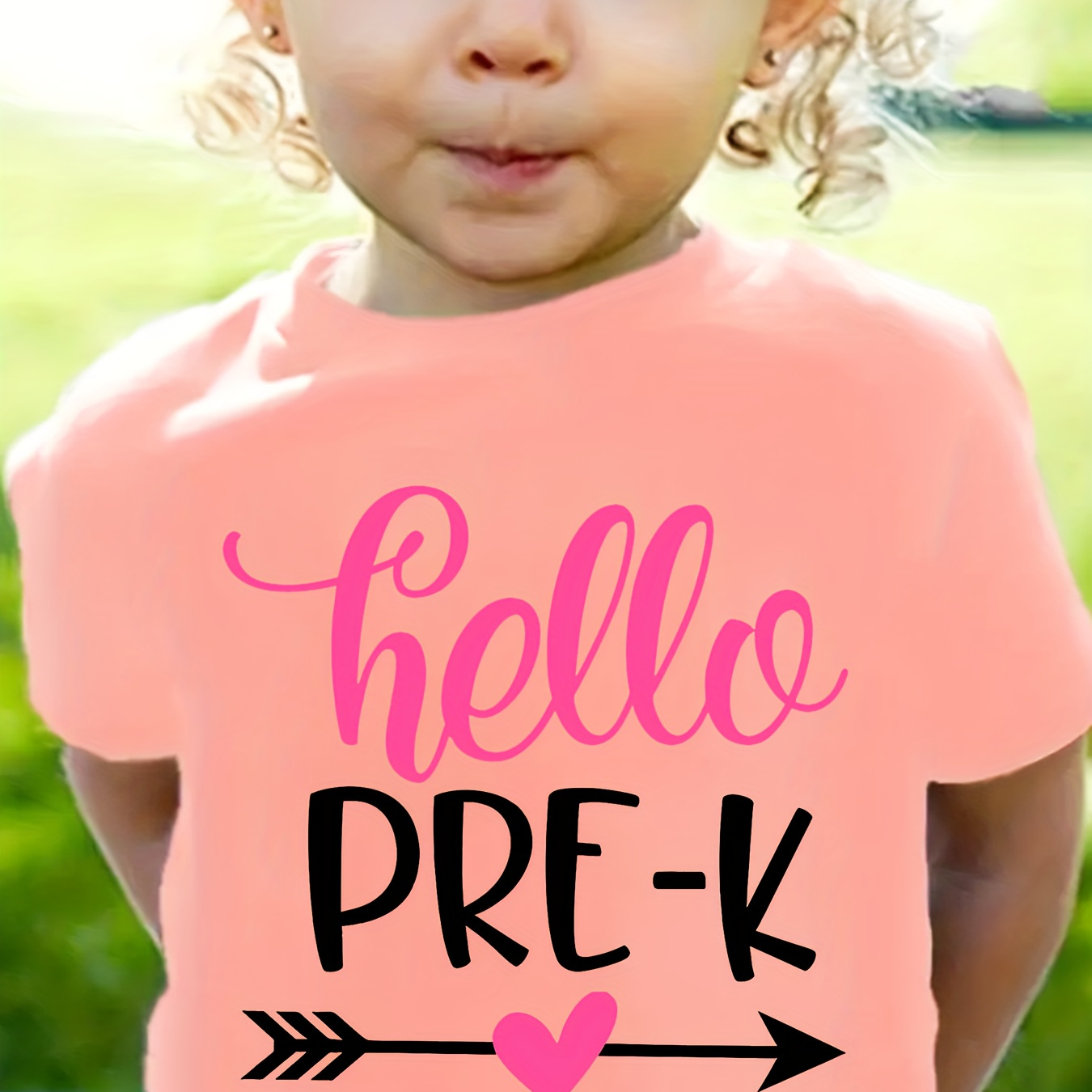 

Girls' "hello Pre-k" Short Sleeve T-shirt, Round Neck, Back To School Alphabet Print, Casual Summer Top, School Style