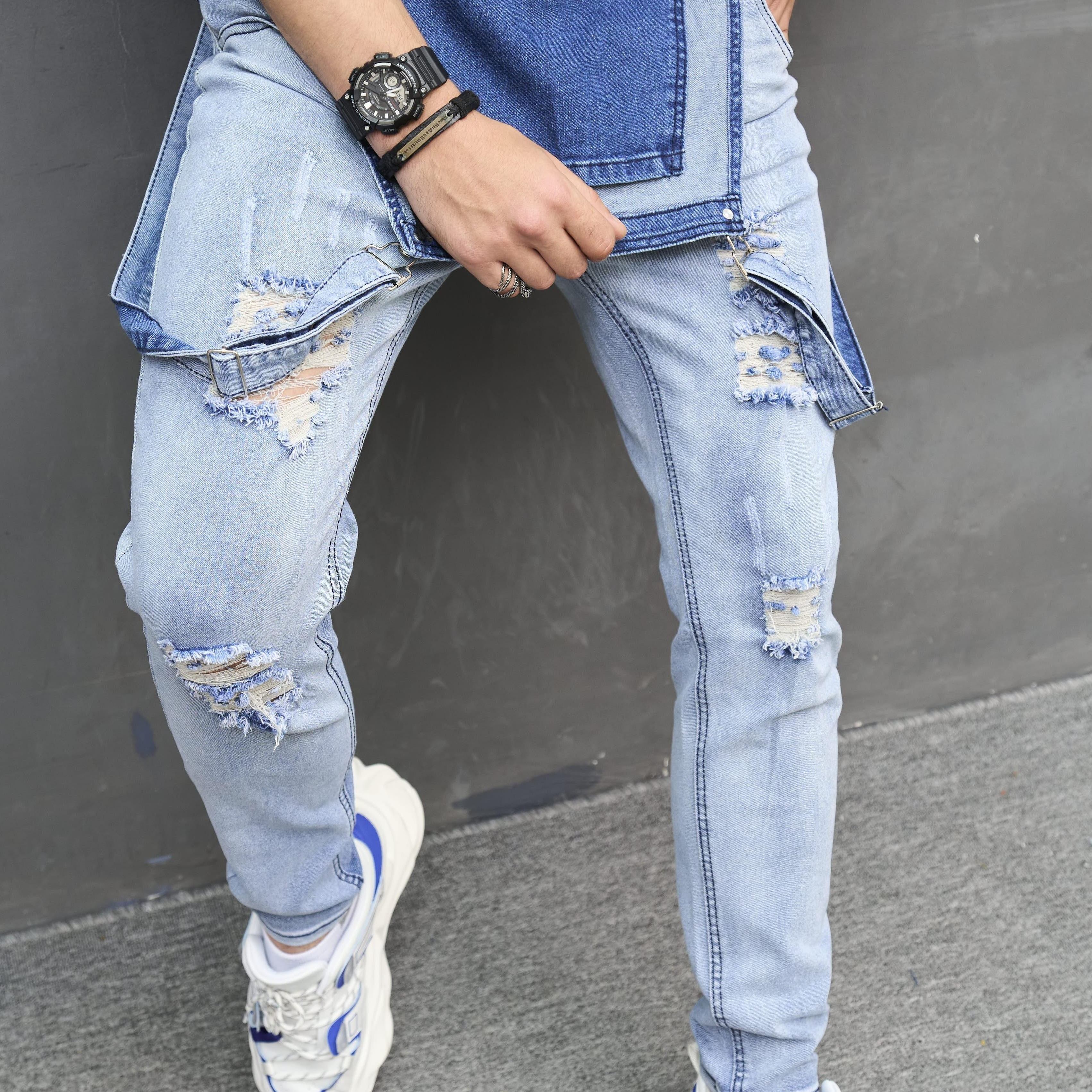 

Ripped Slim Fit Denim Overalls, Men's Casual Mid Stretch Street Style Denim Pants For Spring Summer