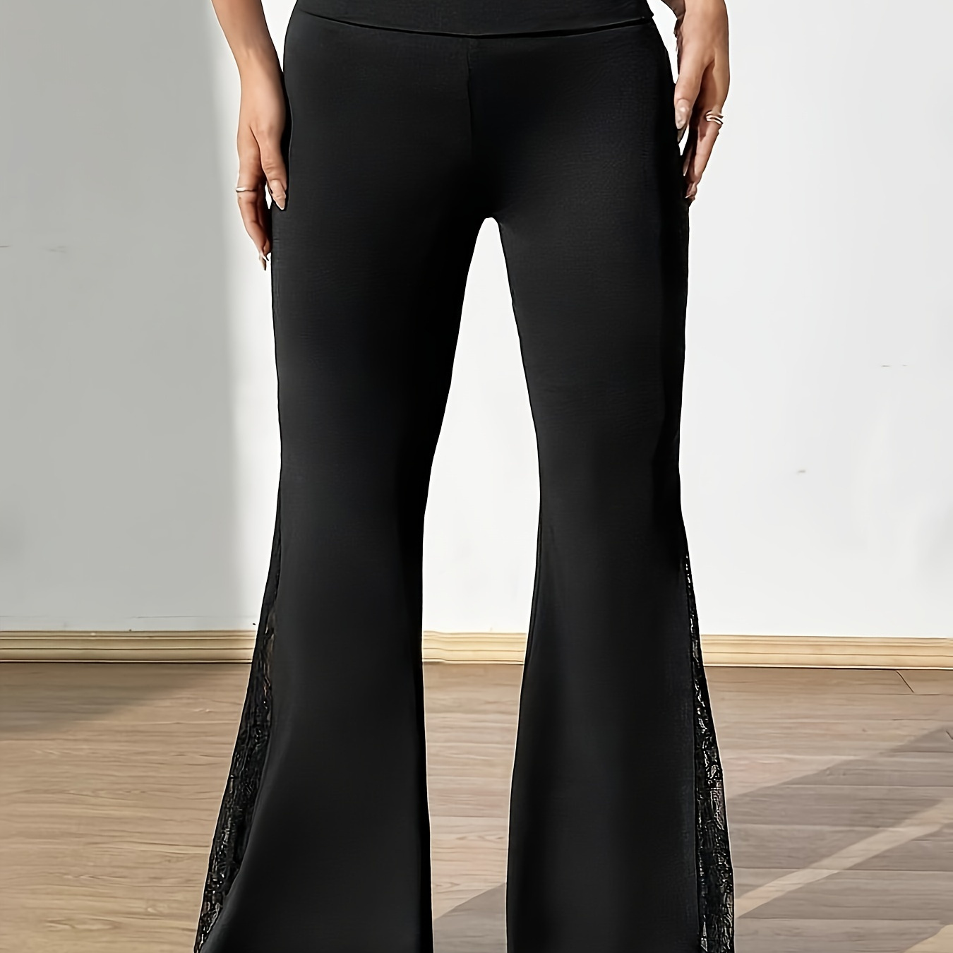 

Elegant High-waist Black Flare Pants With Lace Detail - Stretchy Polyester , Machine Washable, Bell Bottoms For Women