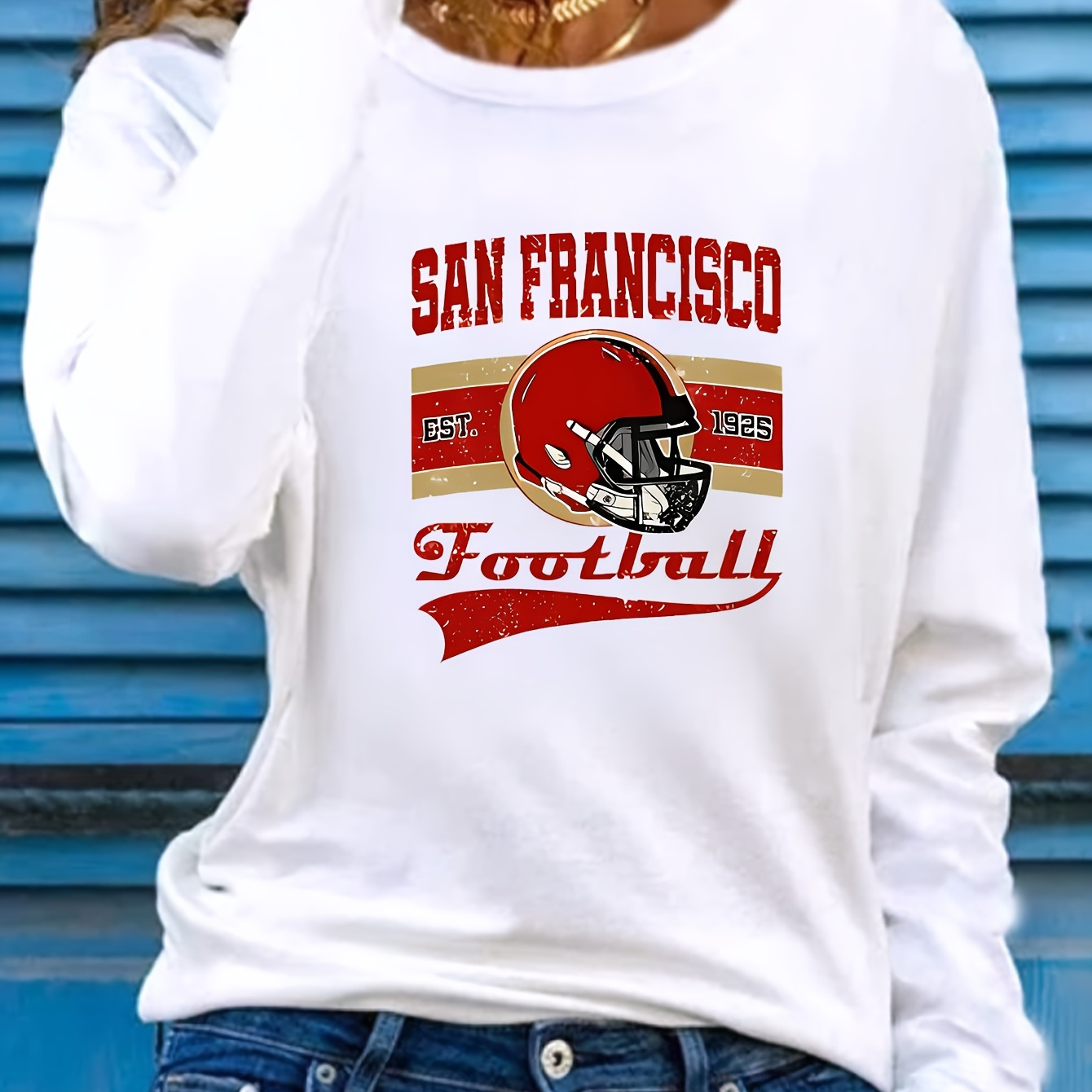 

San Football Graphic Long Sleeve T-shirt For Women - Casual Crew Neck, Polyester, Machine Washable