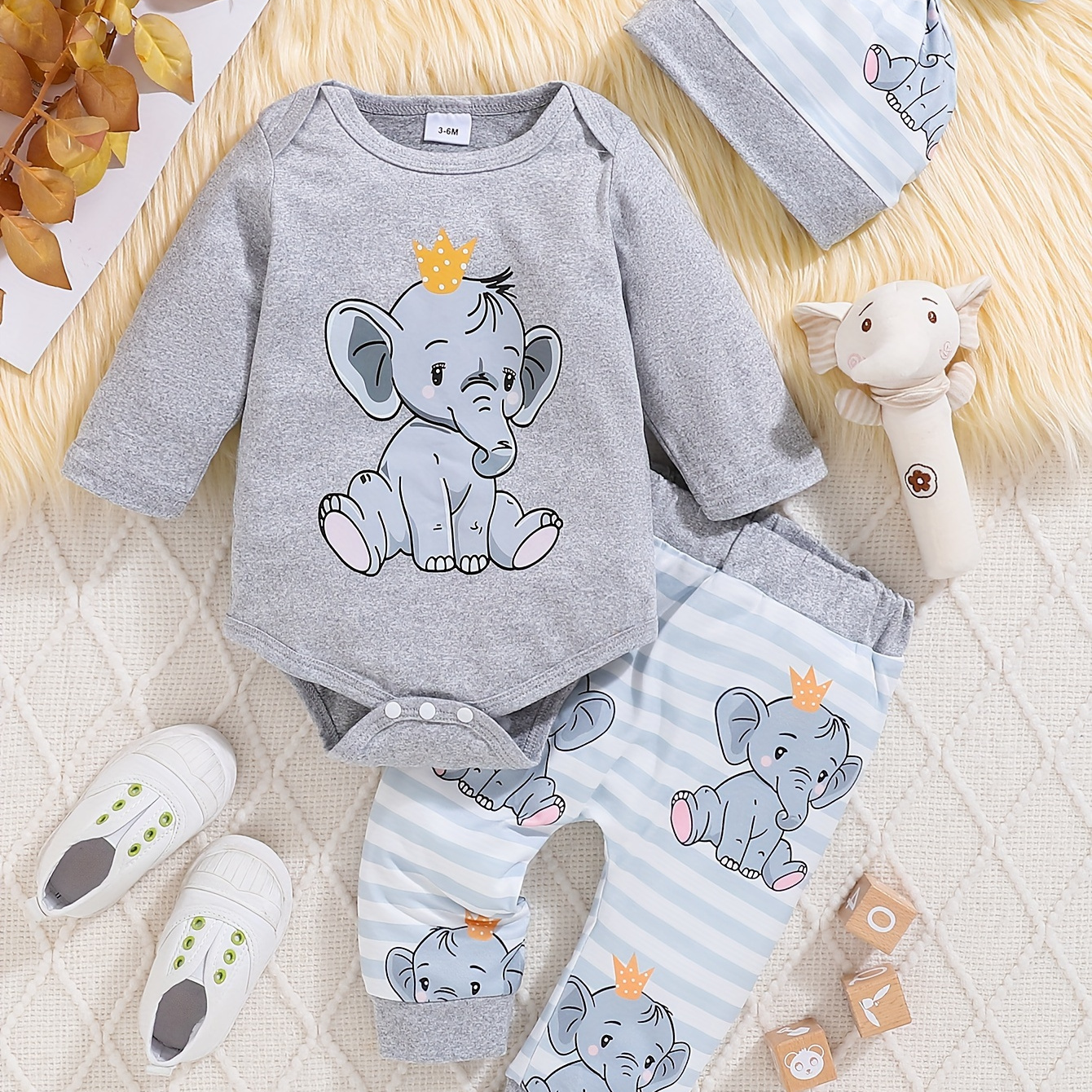 

Cute Cartoon Elephant Baby Boy 3-piece Set - Autumn/winter Knit Fabric Jumpsuit With Striped Trousers And Matching Hat - Polyester 100% - Round Neck, Regular Fit