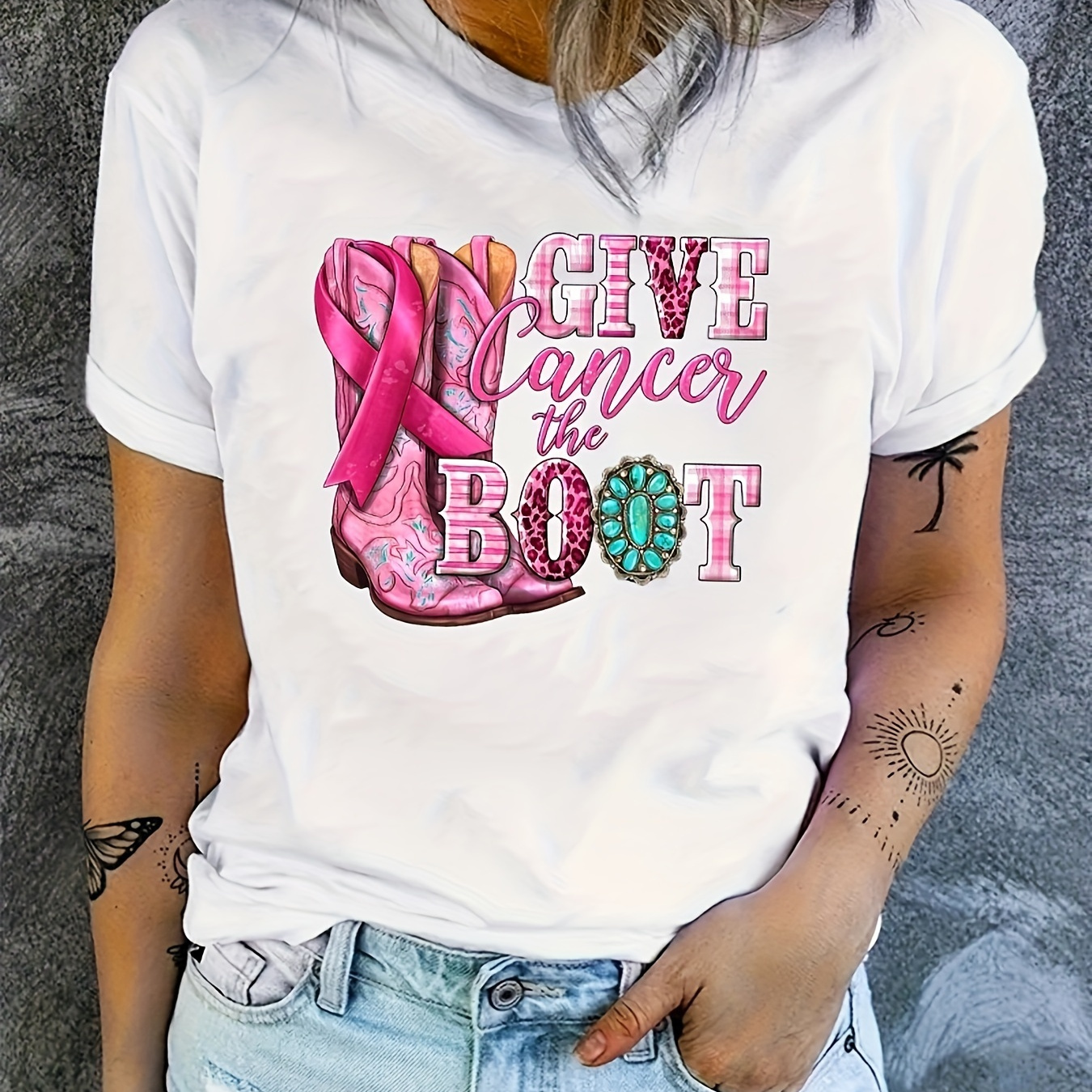 

Anti Cancer Print T-shirt, Casual Crew Neck Short Sleeve Top, Women's Clothing