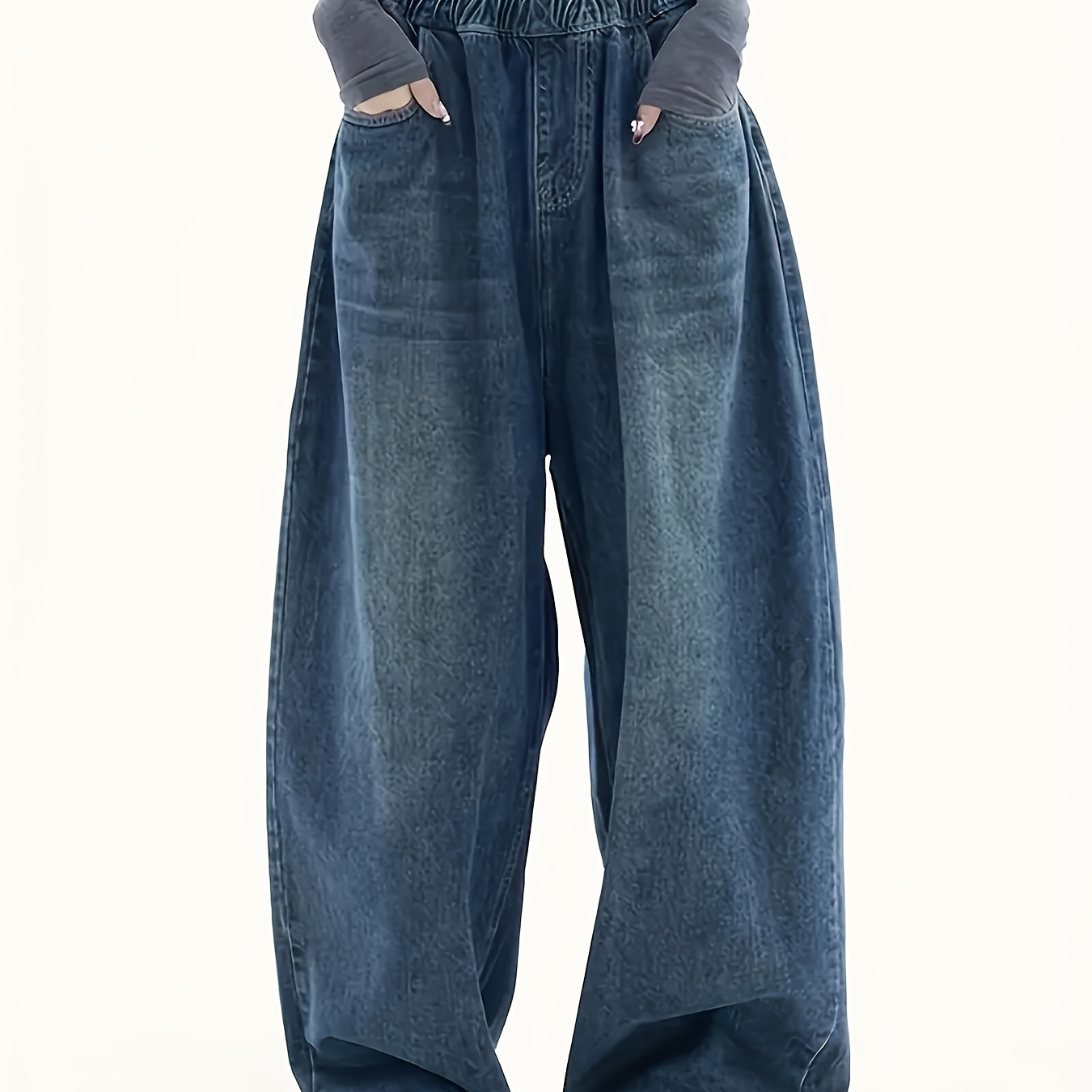 

Elastic Waistband Loose Fit Wide Leg Jeans, Slash Pocket Washed Blue Whiskering Hip Pop Streetwear Denim Pants, Women's Denim Jeans & Clothing