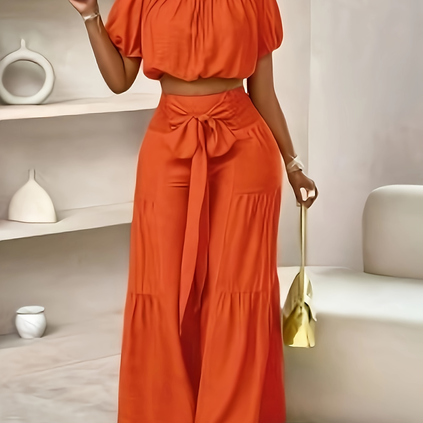 

1set Spring/ Style Off-shoulder Puff Sleeve Ruffle Top And Wide Leg Pants Set, 100% Polyester Solid Color Woven Outfit