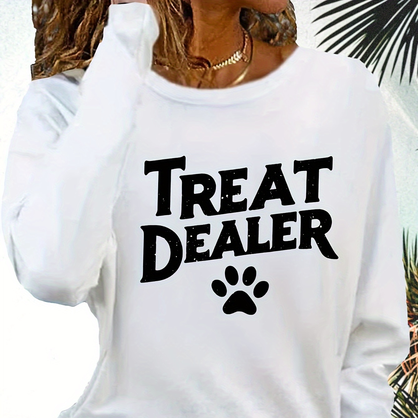 

Casual Crew Neck Long Sleeve T-shirt With Treat Applique And Paw Print, 100% Polyester Knit Fabric With Slight Stretch For All - Regular Fit Pullover