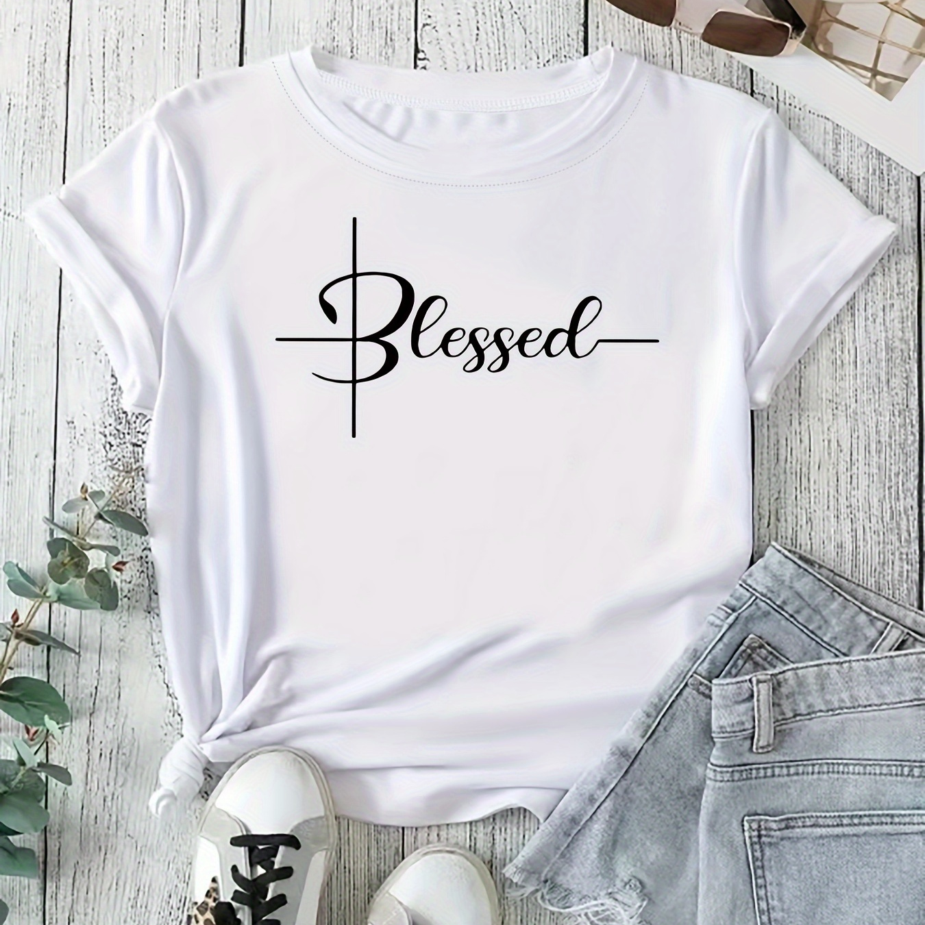 

Blessed Letter Print T-shirt, Casual Crew Neck Short Sleeve Top For Spring & Summer, Women's Clothing