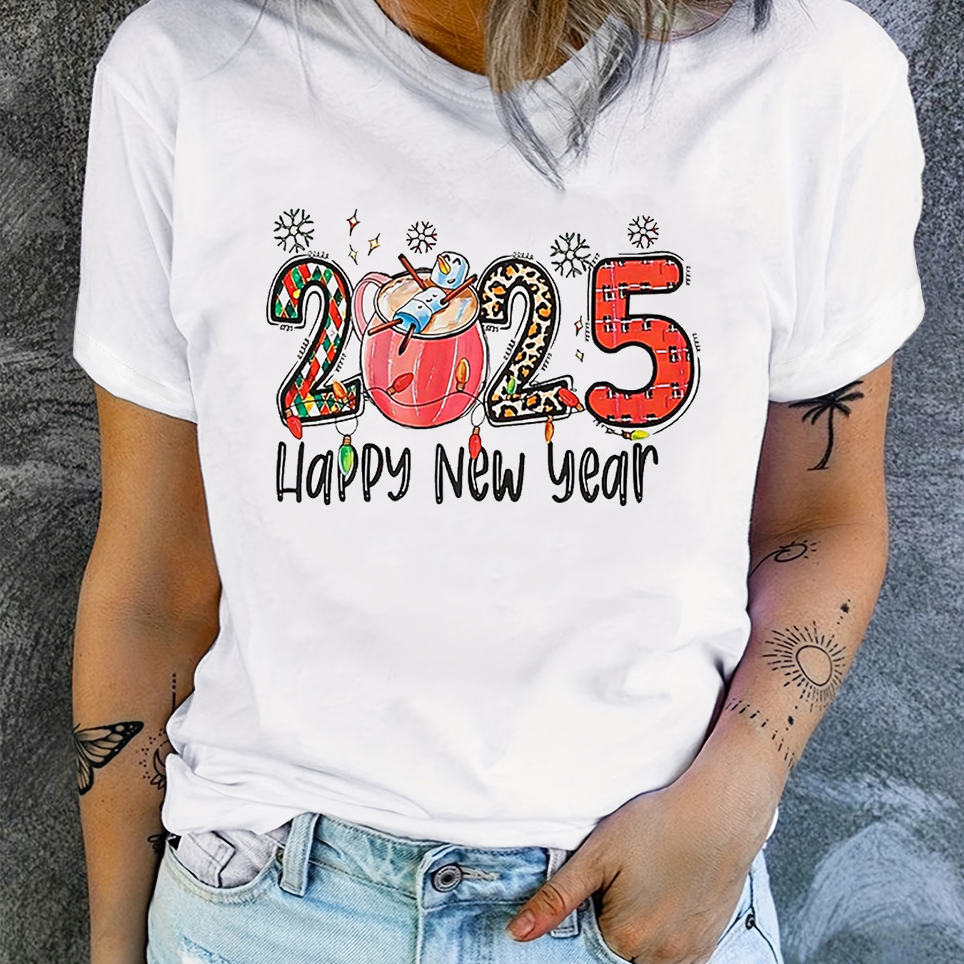 

Happy New Year 2025 Graphic Tee For Women - Casual & Stylish Short Sleeve Crew Neck T-shirt, Fabric, Machine Washable