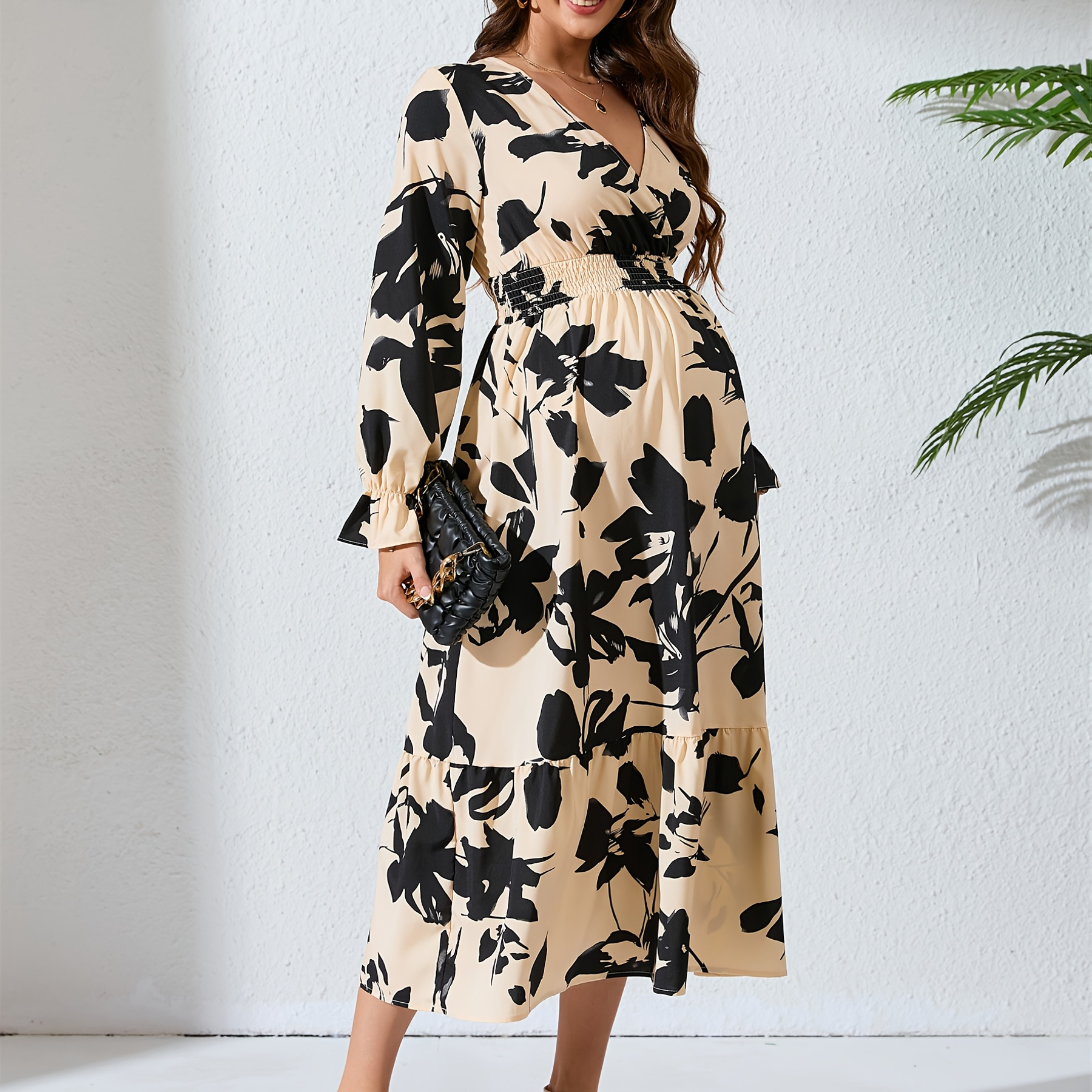 

Women's Maternity Floral Print Dress For Winter, Pregnant Women's Clothing