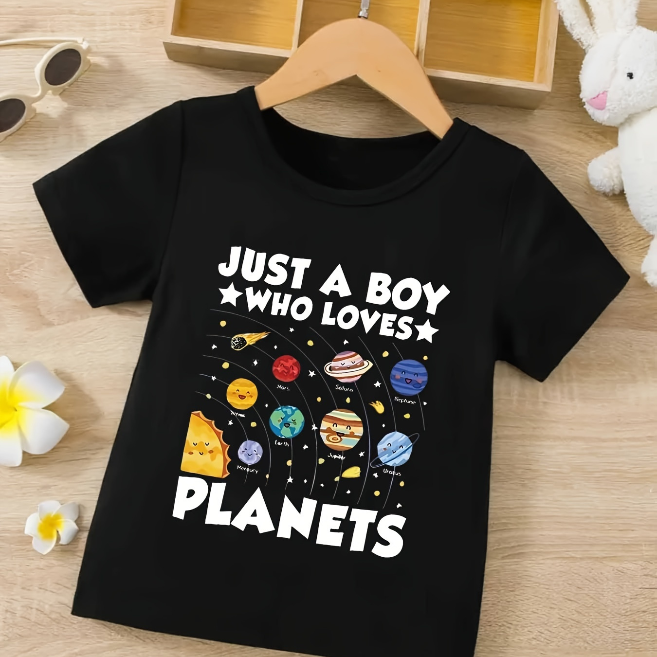 

Just A Boy Who Loves Planets Print Crew Neck T-shirt For Boys, Casual Short Sleeve Top, Boy's Clothing For Summer Daily Wear