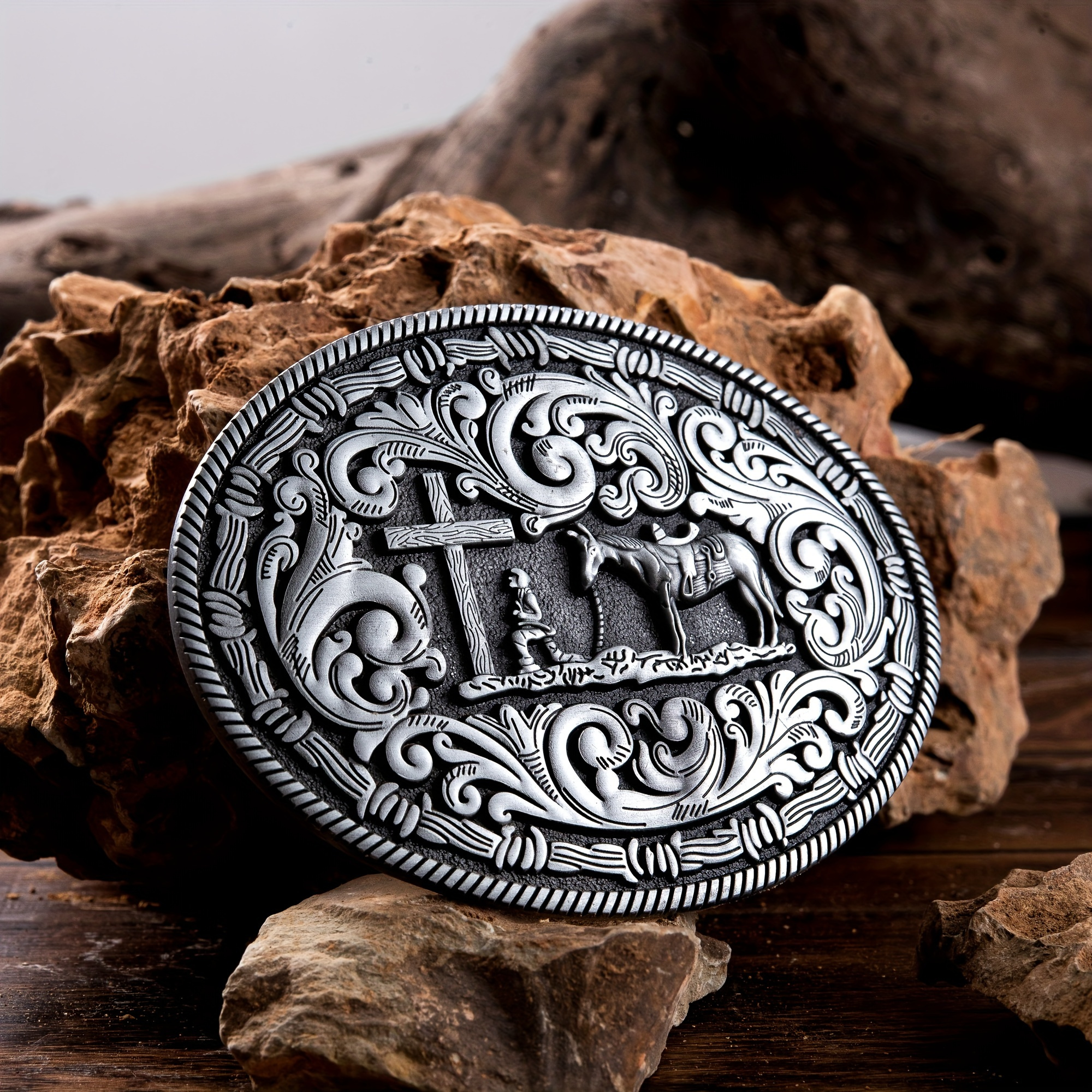 Vintage Western Cowboy Belt Buckle With Cross And Horse Design - Stylish  And Unique Fashion Accessory - Temu