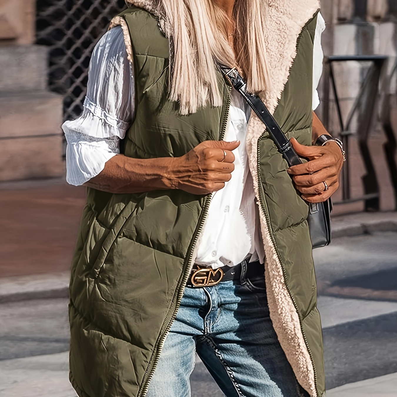 

Gilet à capuche doublé en peluche solide, vêtements d'extérieur décontractés à fermeture éclair sans manches pour l'automne et l'hiver, vêtements pour femmes