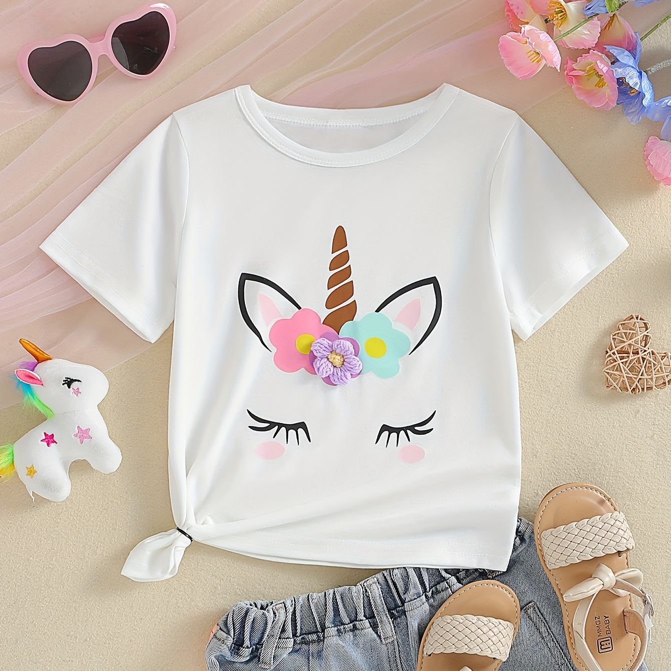 

Sweet Unicorn Print Flower Decor Crew Neck T-shirt, Girls Casual Short Sleeve Tops Summer Clothes