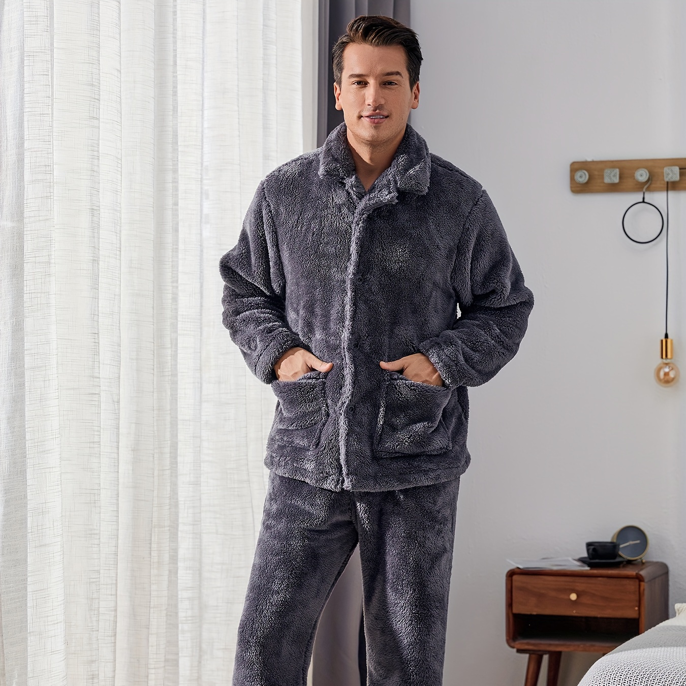 

Mens Plush Warm Pajama Sets Soft Fluffy Flannel Sleepwear With Pockets Cozy Loungewear Pjs Set For Men