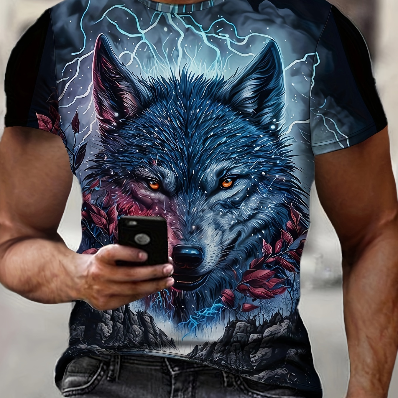 

Men's Wolf Print T-shirt, Casual Short Sleeve Crew Neck Tee, Men's Clothing For Outdoor