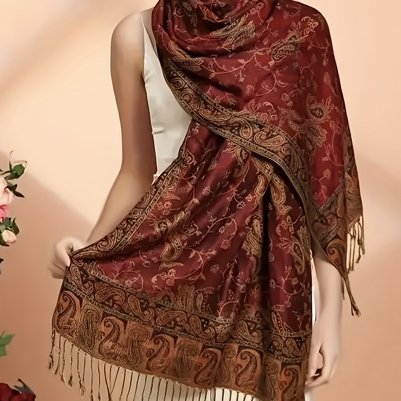 

Festive Paisley Printed Shawl: Rich Maroon With Golden Accents And Fringe Details - Fall/winter Seasons - Available In Plus Sizes