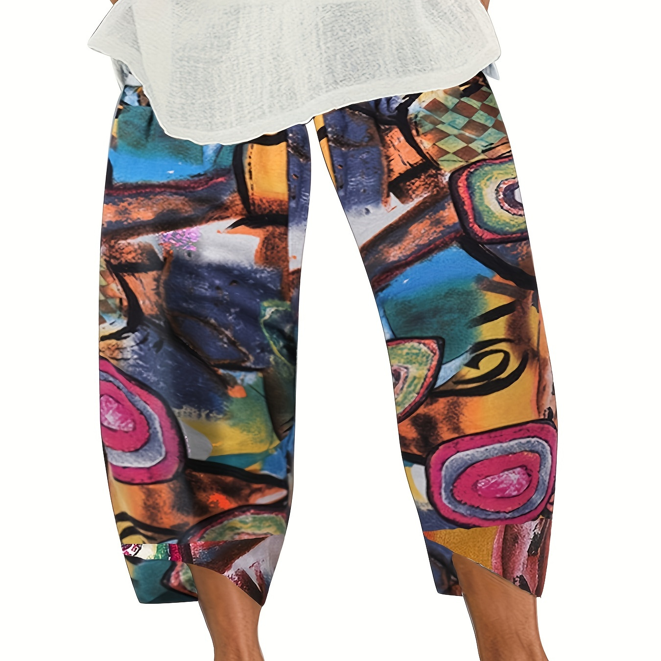 Plus Size Casual Pants, Women's Plus Abstract Painting Print Elastic Waist Wrap Hem Pants