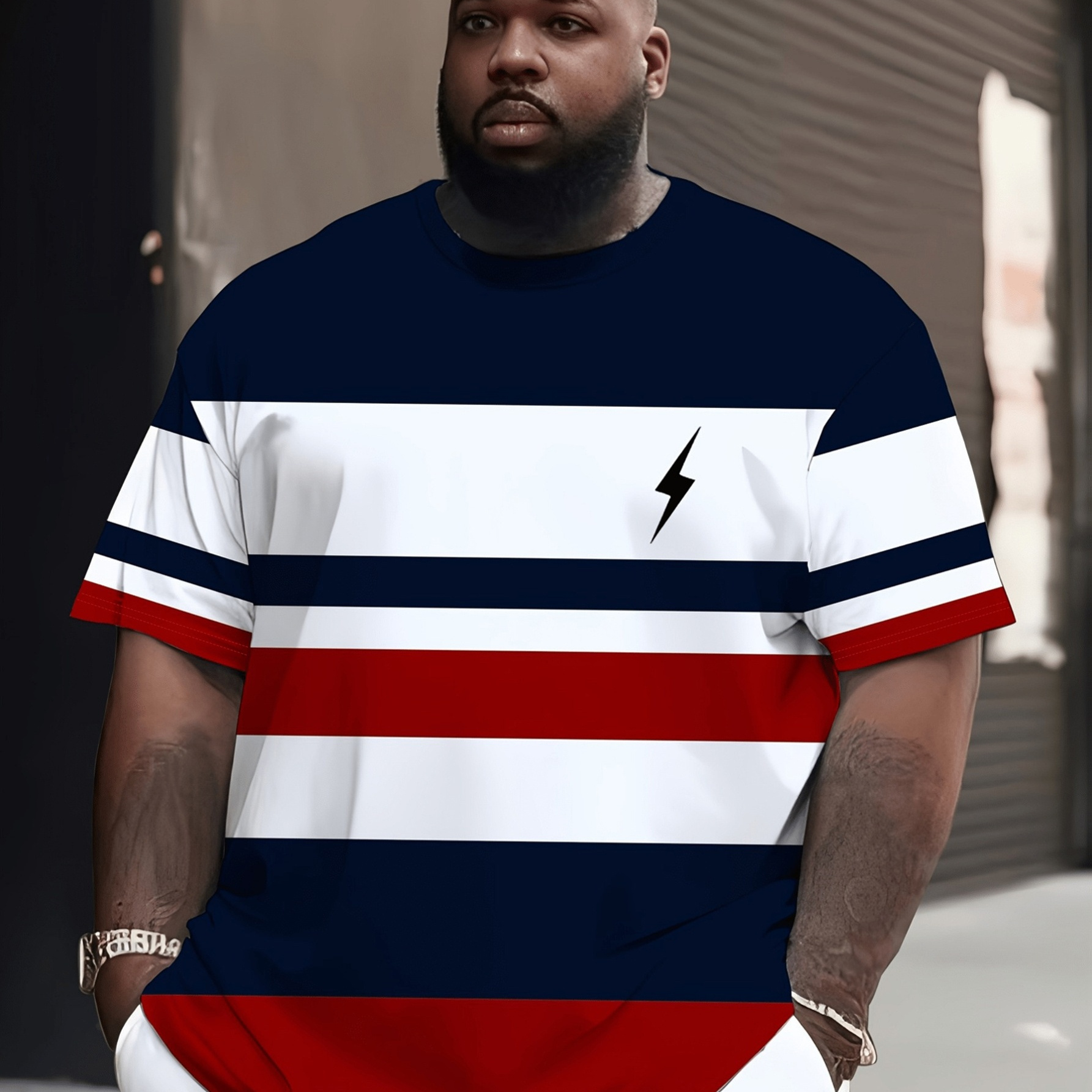 Men'S Plus Size Print T-Shirt, Plus Size Men'S Print Short Sleeves, Men'S Plus Size Casual Sports Breathable Round Neck Short-Sleeved T-Shirt, Print Striped Creative Pattern Plus Size, Trendy Brand Printing, Pattern Printing, Digital Printing