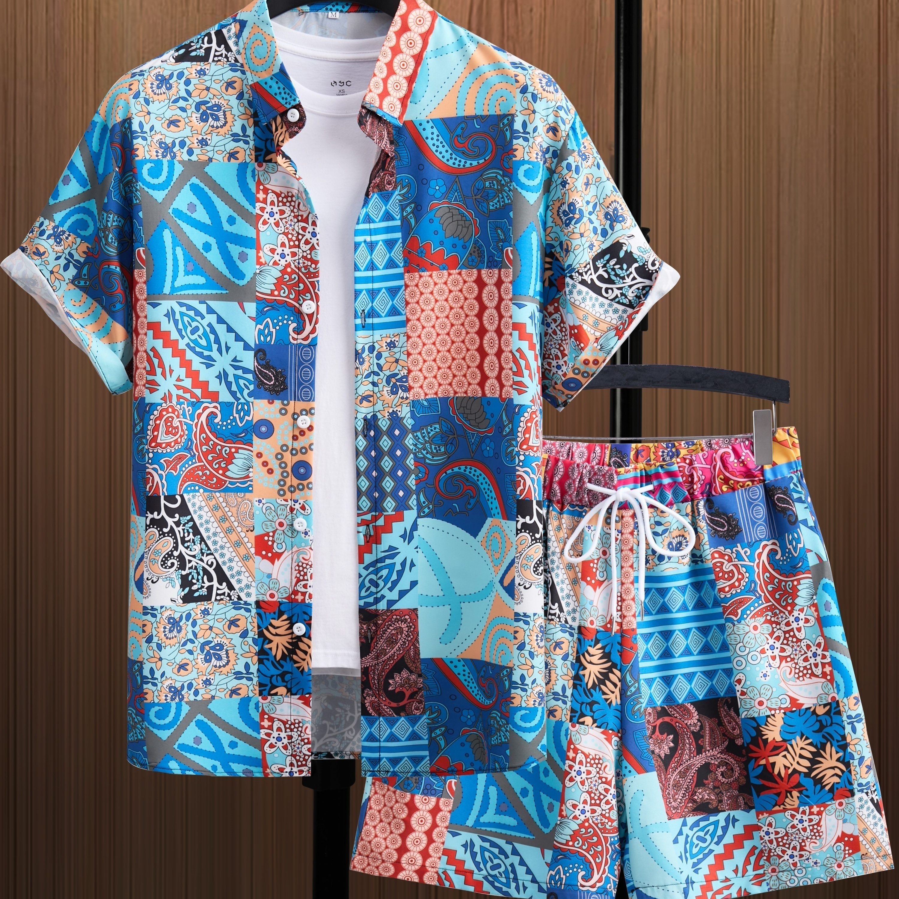 

Ethnic Color Block Men's 2pcs Outfits, Casual Camp Collar Lapel Button Up Short Sleeve Shirts Hawaiian Shirt And Drawstring Shorts Set For Summer, Men's Clothing