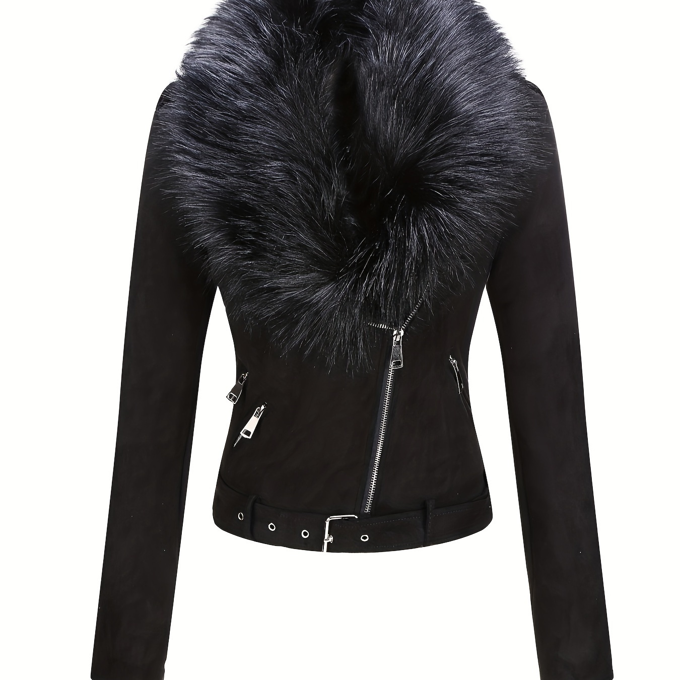 

Faux Fur Trim Zip-up Jacket, Casual Solid Long Sleeve Belt Biker Jacket For Fall & Winter, Women's Clothing