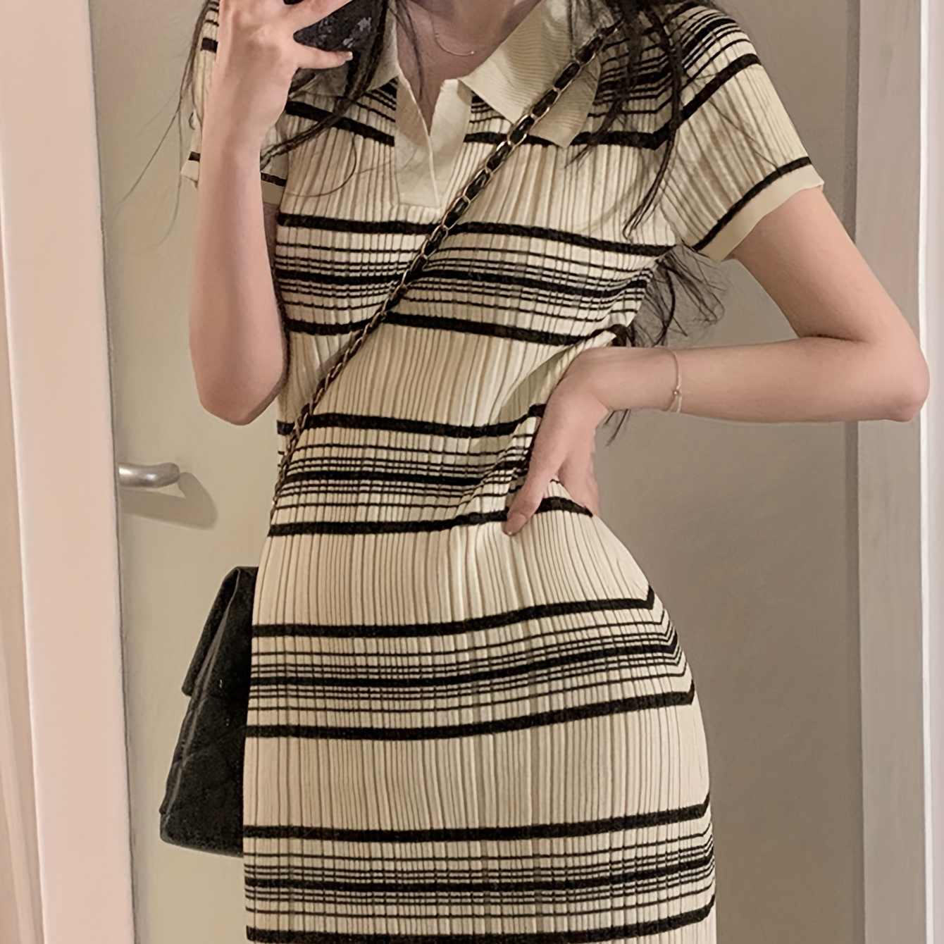 

Striped Button Front Collared Dress, Preppy Short Sleeve Slim Knitted Dress For Spring & Summer, Women's Clothing