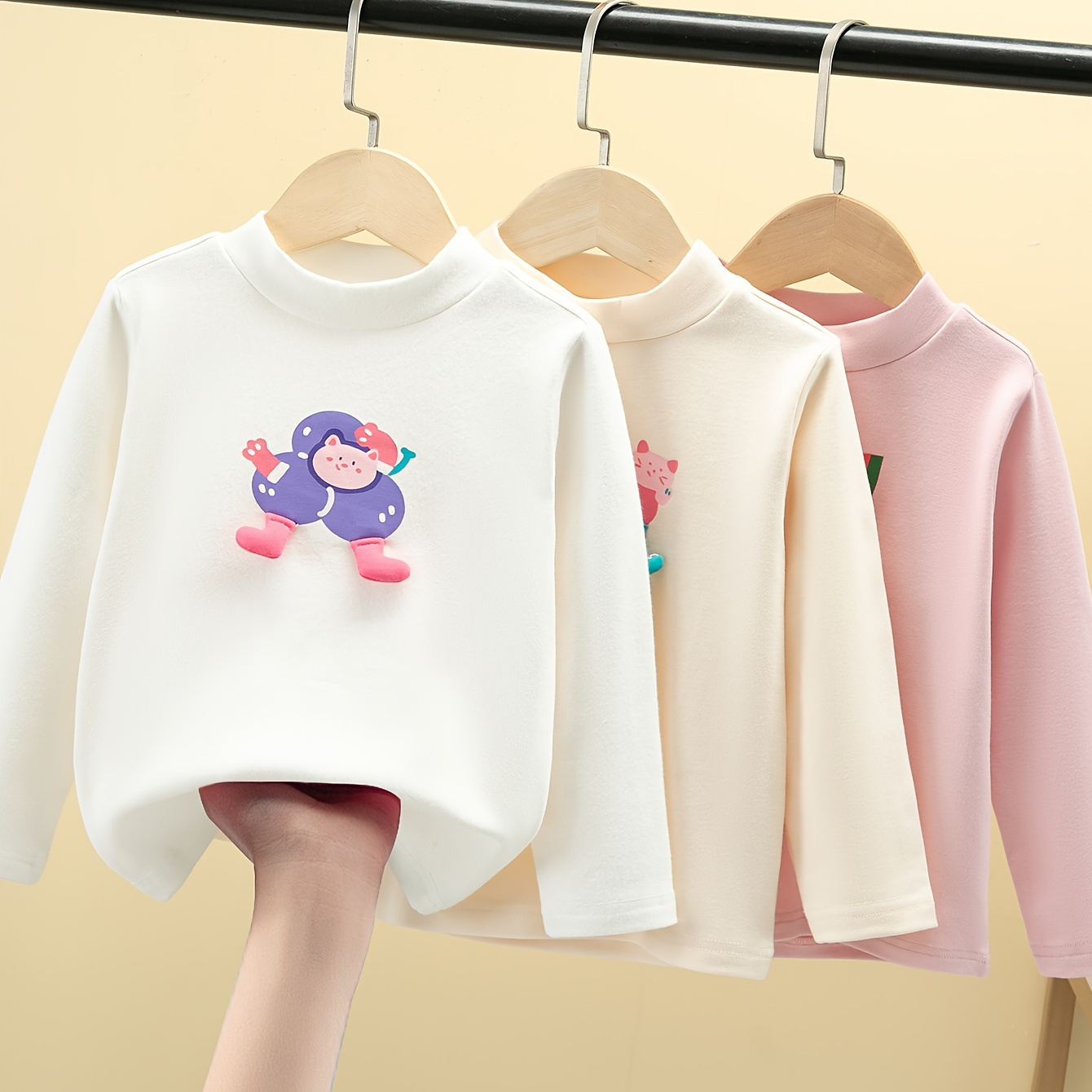 

Kids' Cotton Cartoon Print Crew Neck Tees, 95% Cotton 5% Elastane, Casual Long-sleeve Tops For Spring/fall, Regular Fit Knitted Pullovers With High Stretch (age 12 & Under, Fabric Weight 290g)