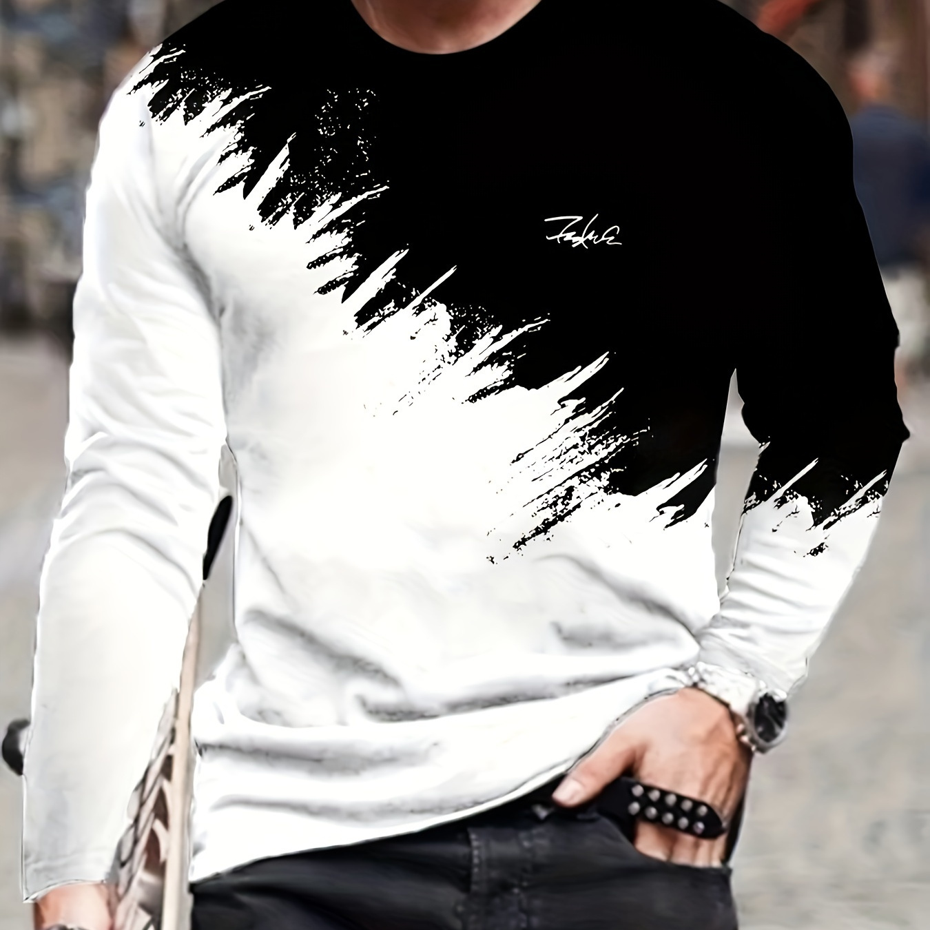 

Men's Color Blocking Print Long Sleeve Crew Neck T-shirt, Casual As Gift