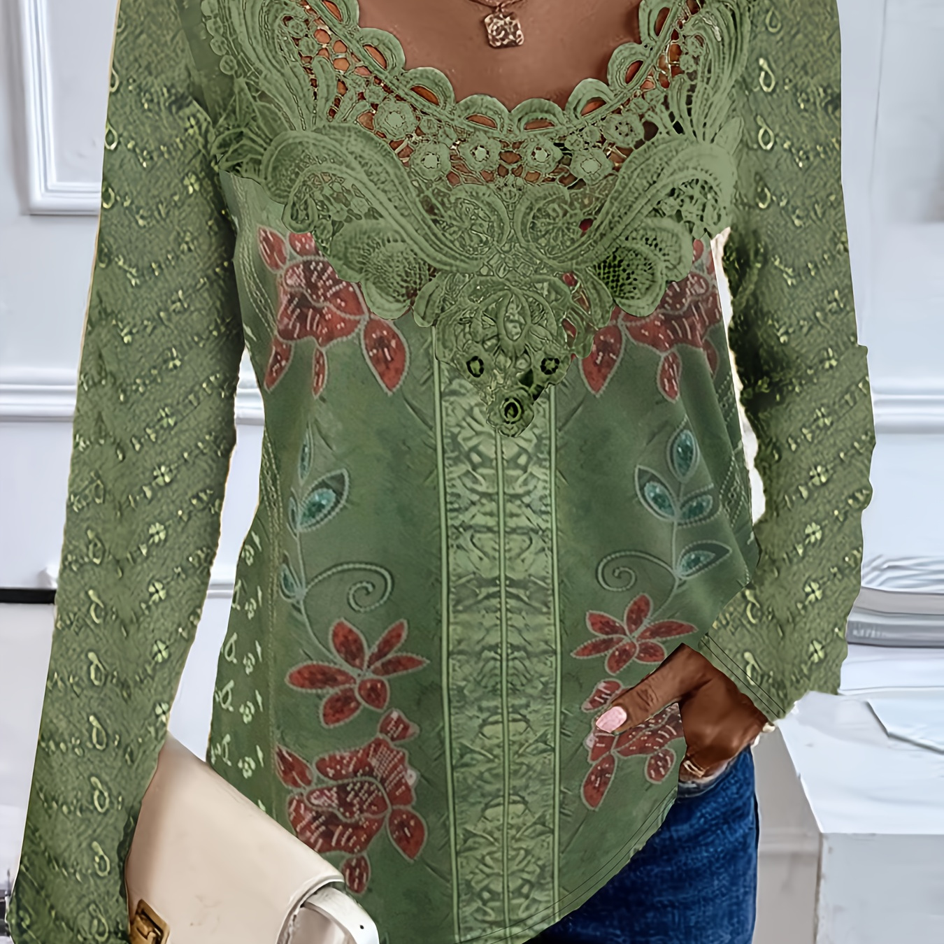 

Print Lace Splicing T-shirt, Vintage Long Sleeve Top For Spring & Fall, Women's Clothing