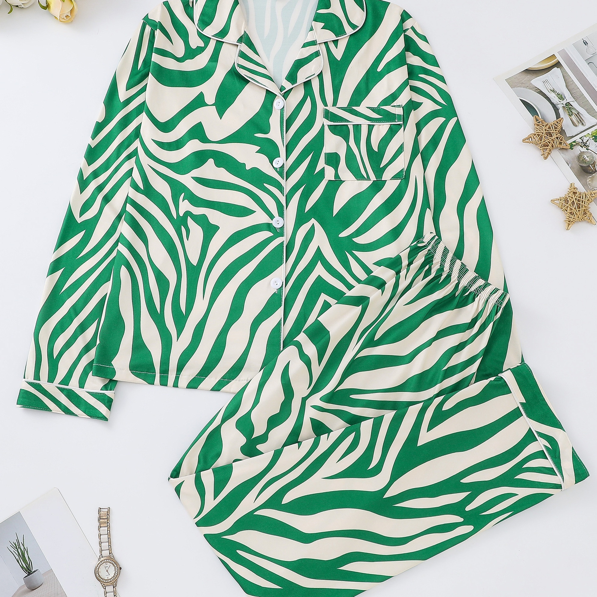 

Casual Zebra Print Pajama Set, Long Sleeve Button Up Lapel Collar Top & Elastic Pants, Women's Sleepwear & Loungewear