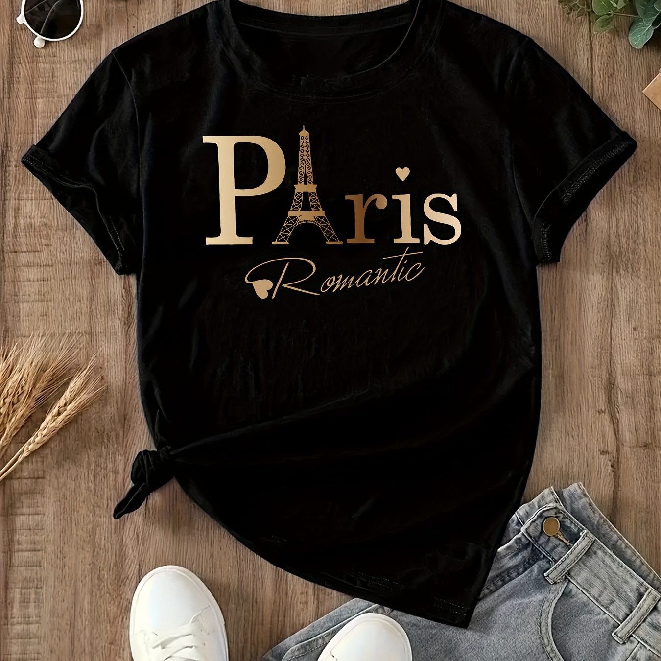 

Plus Size Paris Print T-shirt, Casual Crew Neck Short Sleeve Top For Spring & Summer, Women's Plus Size Clothing