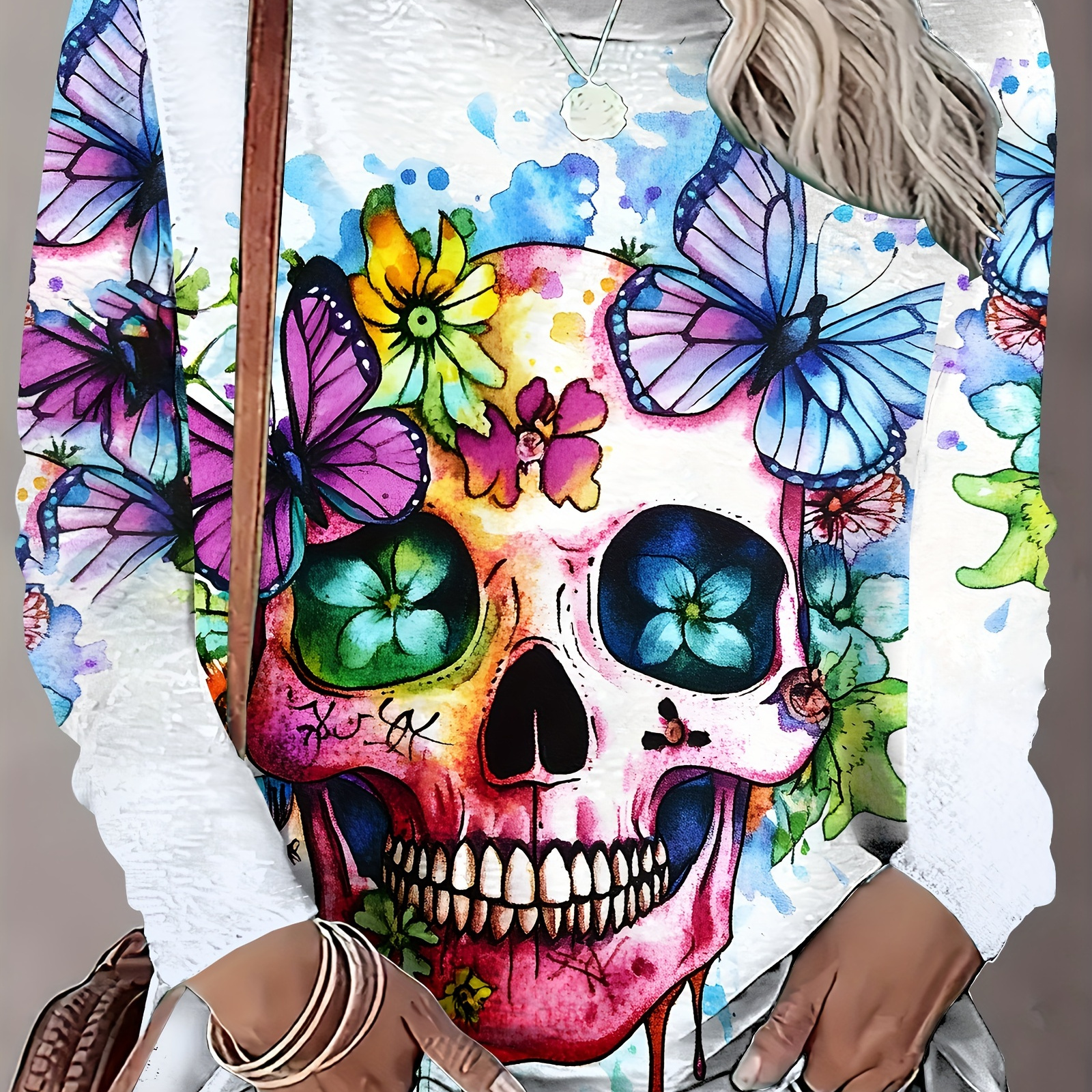 

-size & Skull 3d Print Top - Casual For Spring/fall, Stretchy Polyester , Machine Washable, Beautiful, Pattern, Suitable For Plus-size Ladies