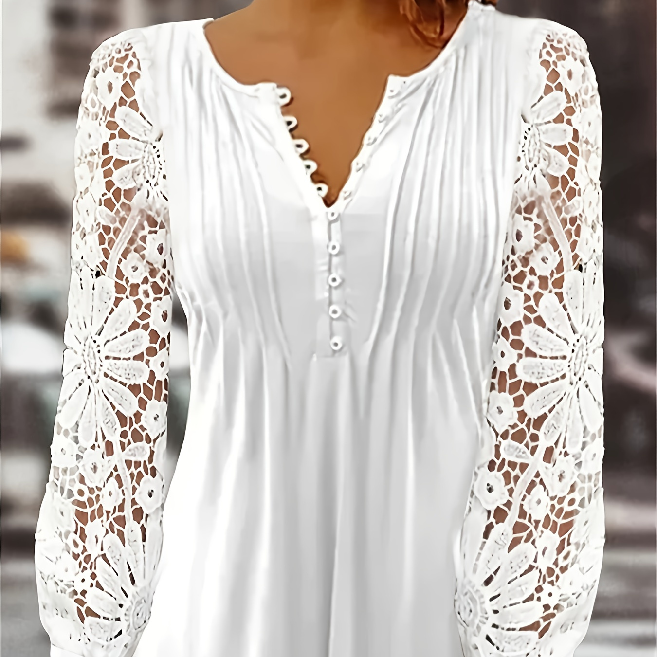 

European And American Spring And Autumn Fashion New Women's Lace Lace Lace Sleeves Pressed Pleated Solid Color Button T-shirt Bottom